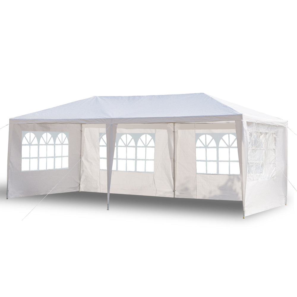 White outdoor canopy tent with side panels on a white background