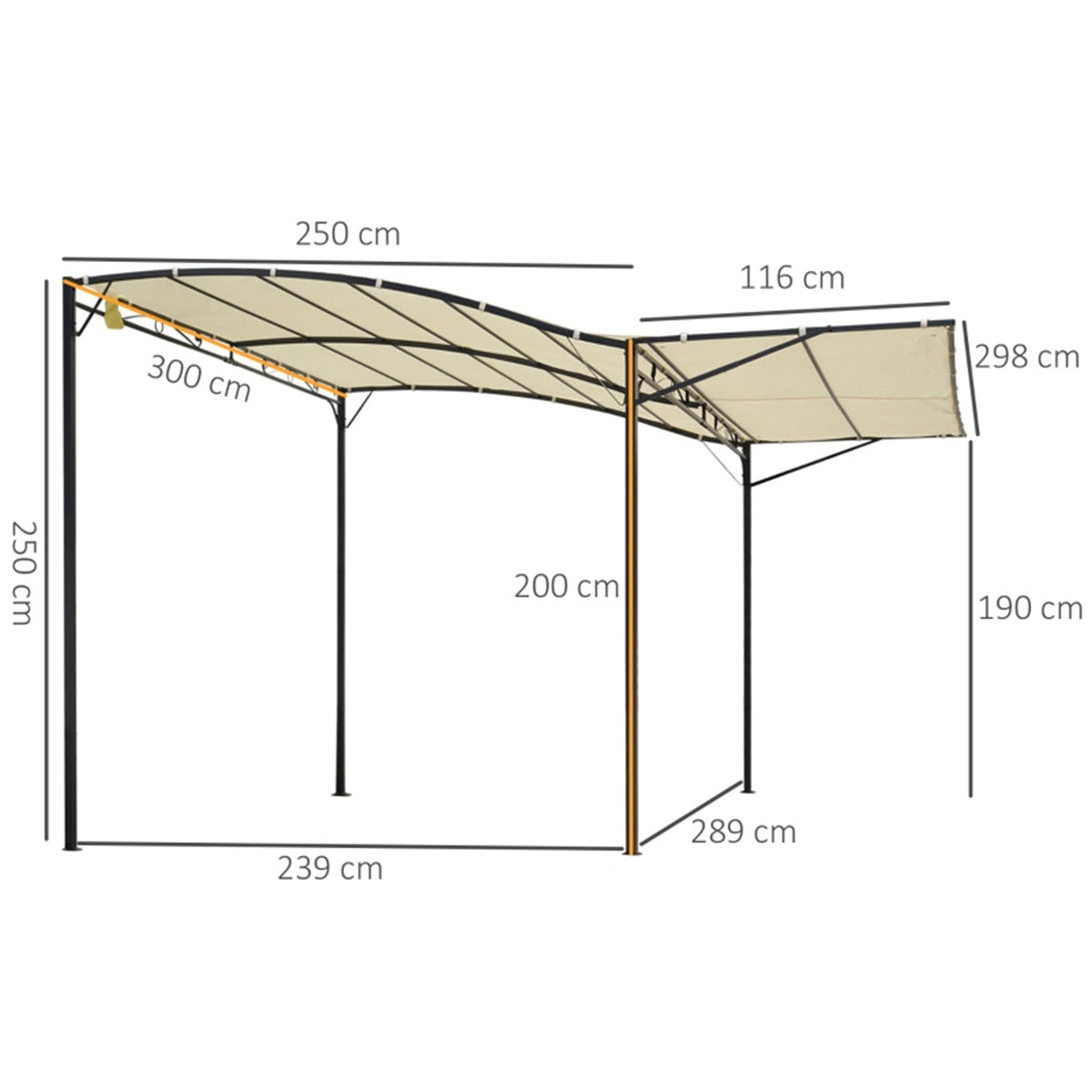 Measurement chart of a canopy with dimensions labeled