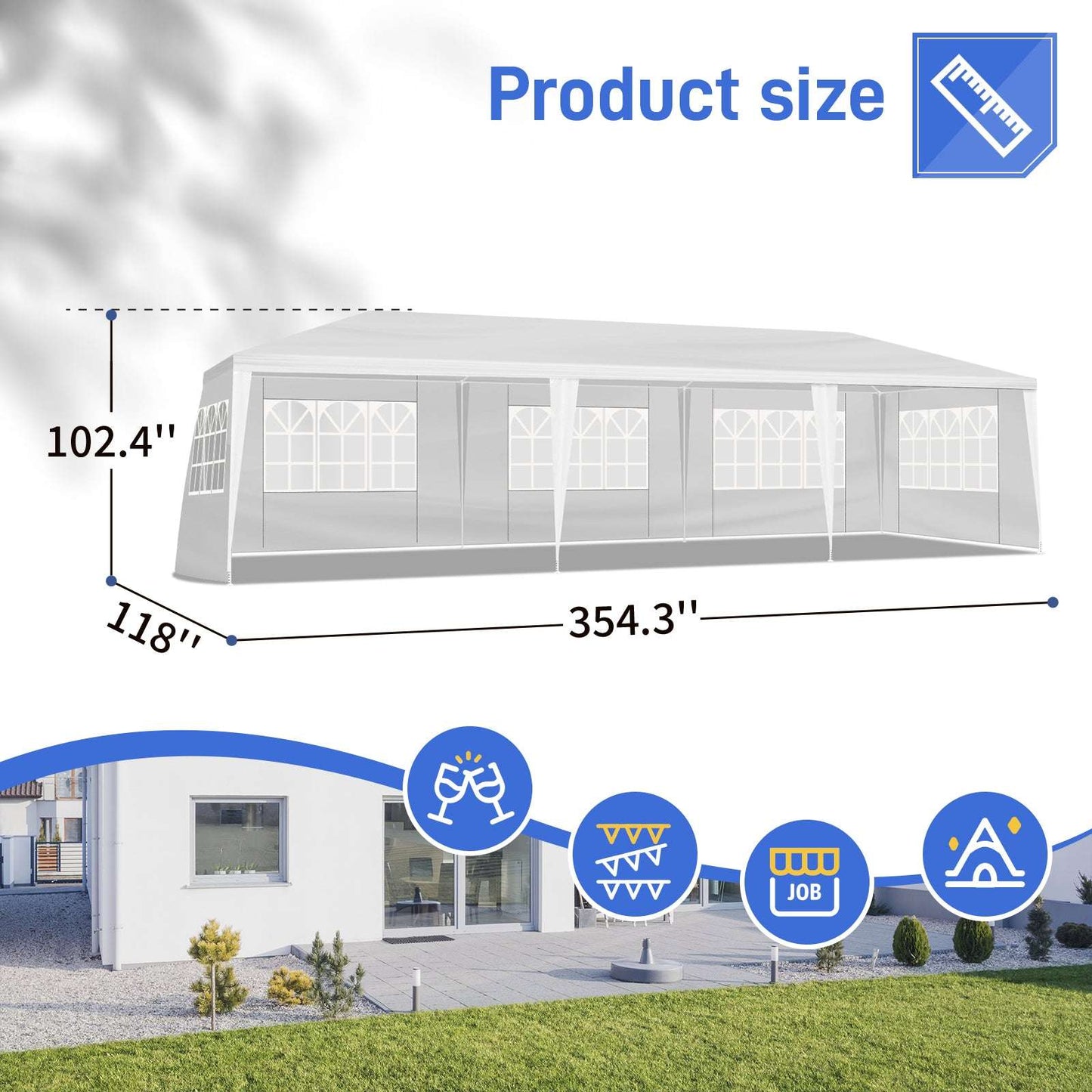 Measurement chart of a gazebo with dimensions and icons indicating its uses.