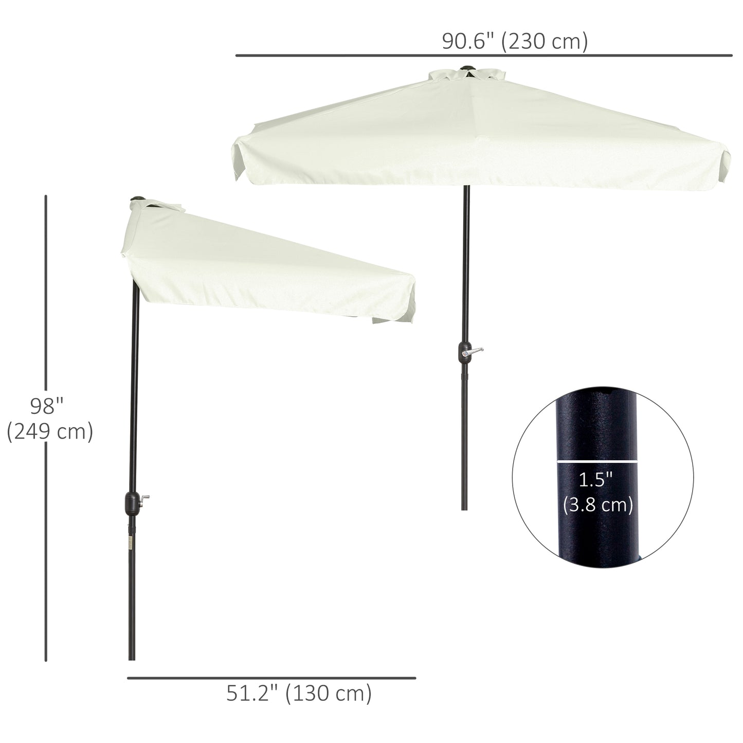 Measurement chart of a white patio umbrella with dimensions labeled.