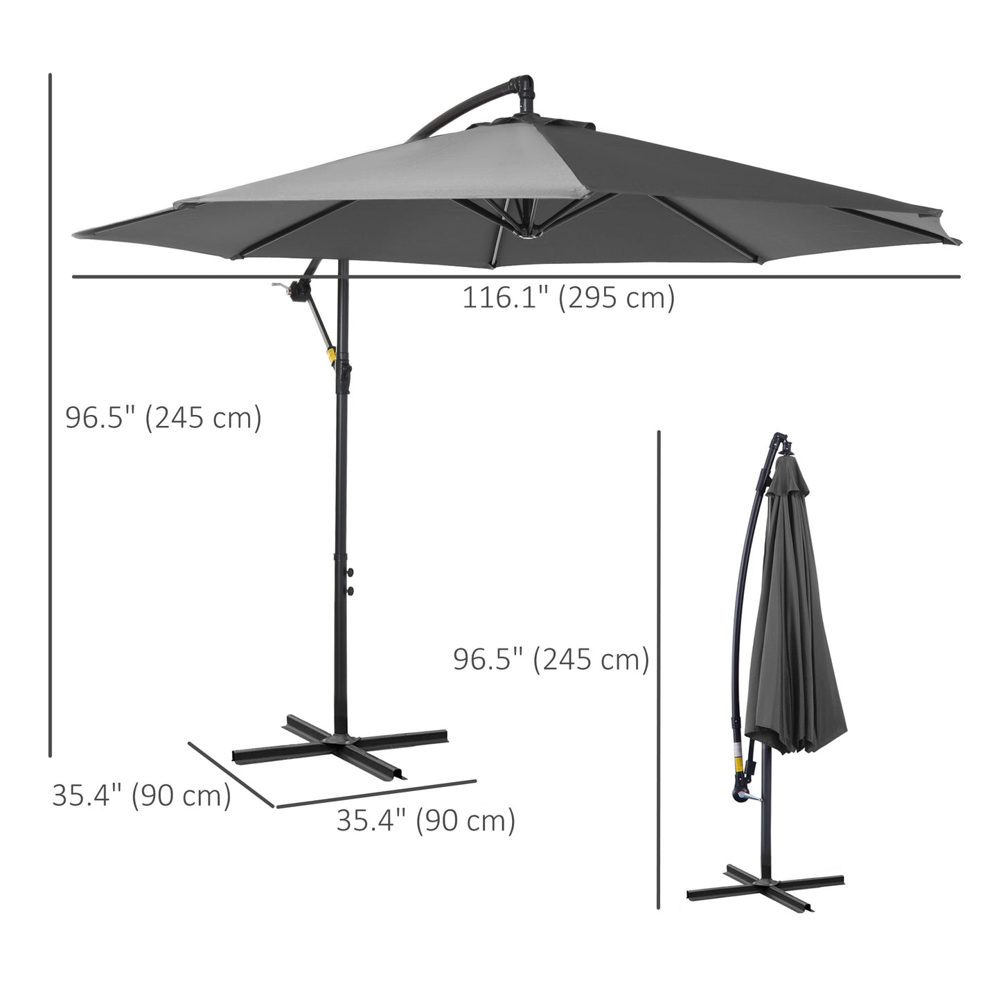 Gray outdoor umbrella with measurements on a white background