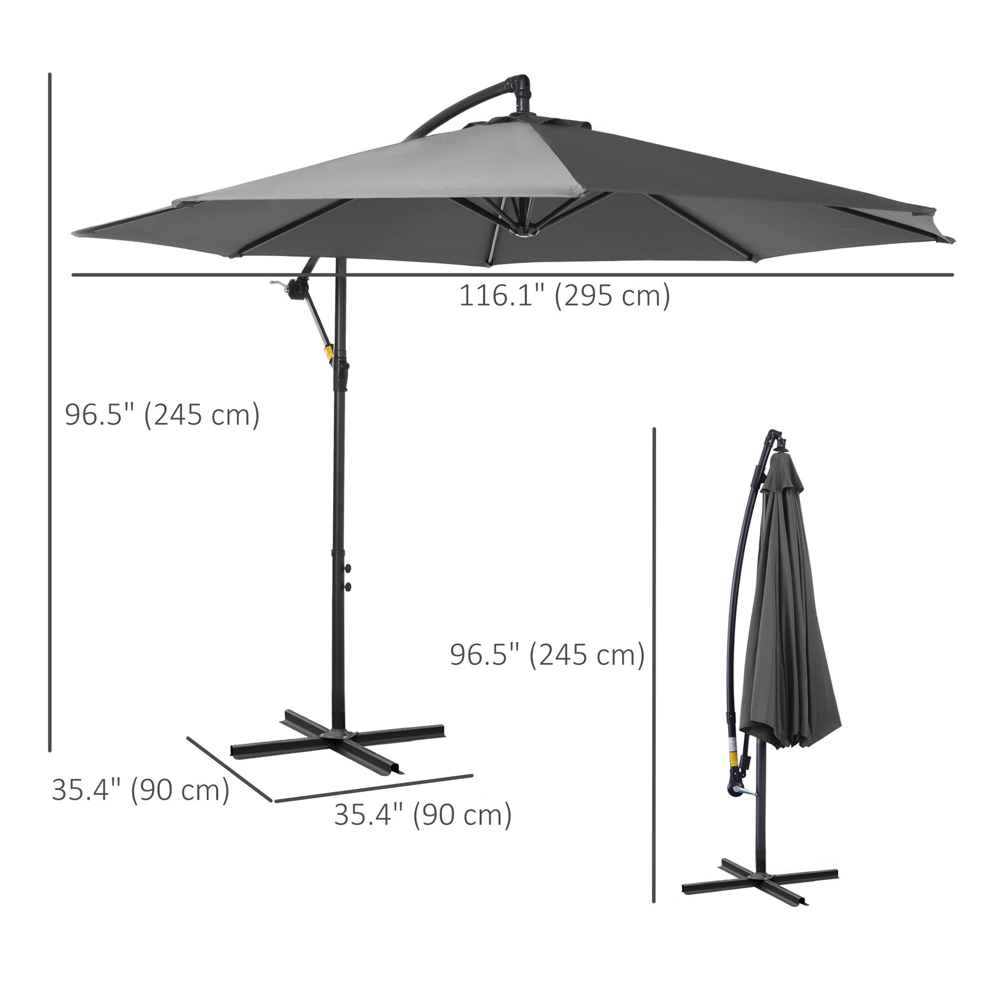 Gray outdoor umbrella with measurements on a white background