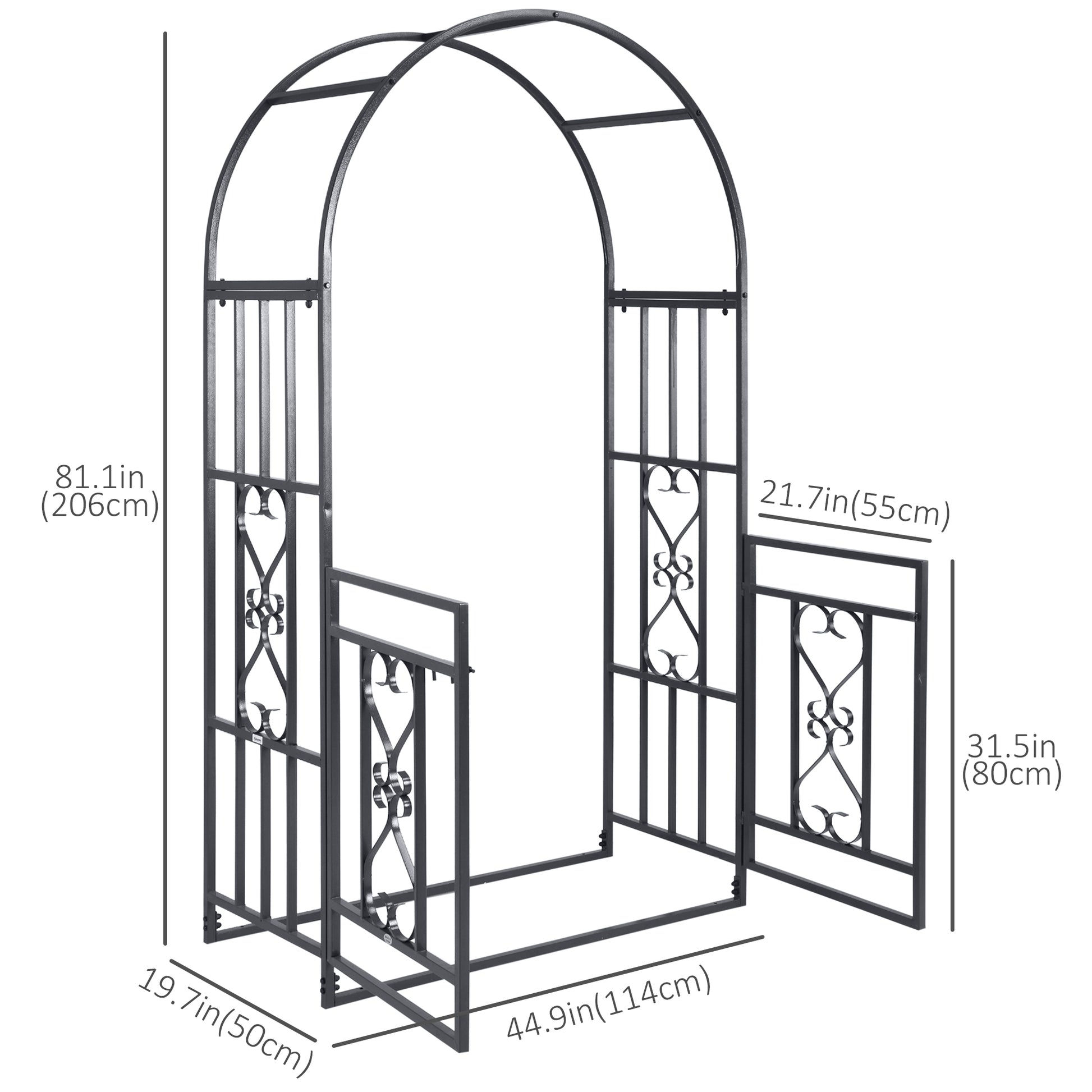 Metal garden arch with dimensions indicated on a white background