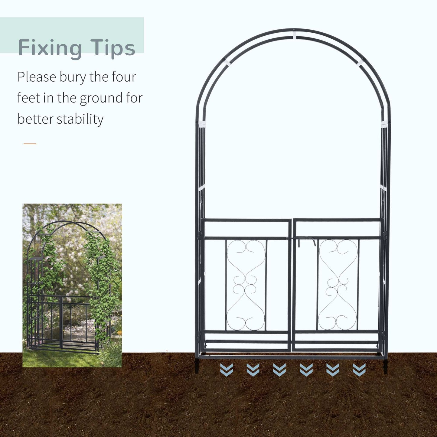 Metal garden arch with instructions on stability and installation.