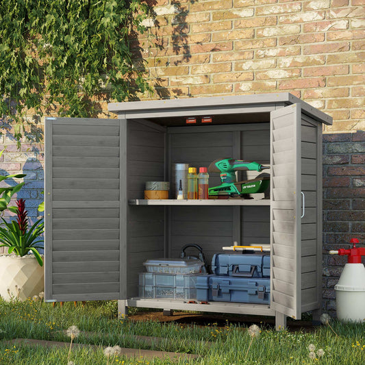Modern wooden shed with shelves and natural finish