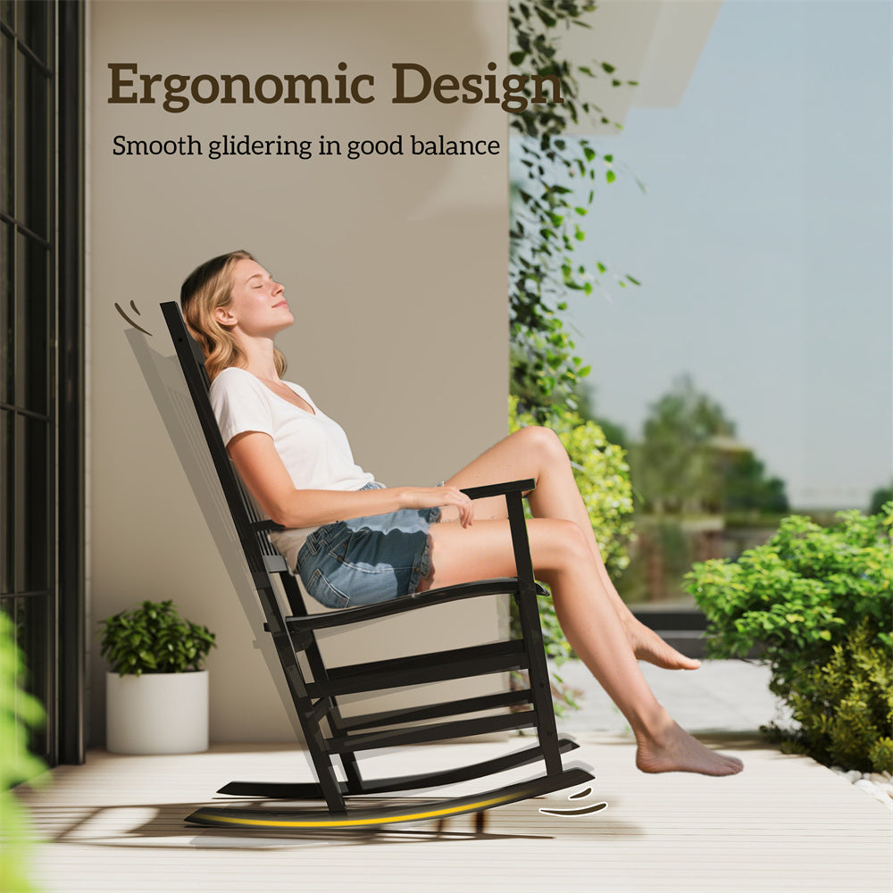 Woman relaxing in a black rocking chair with text about ergonomic design.