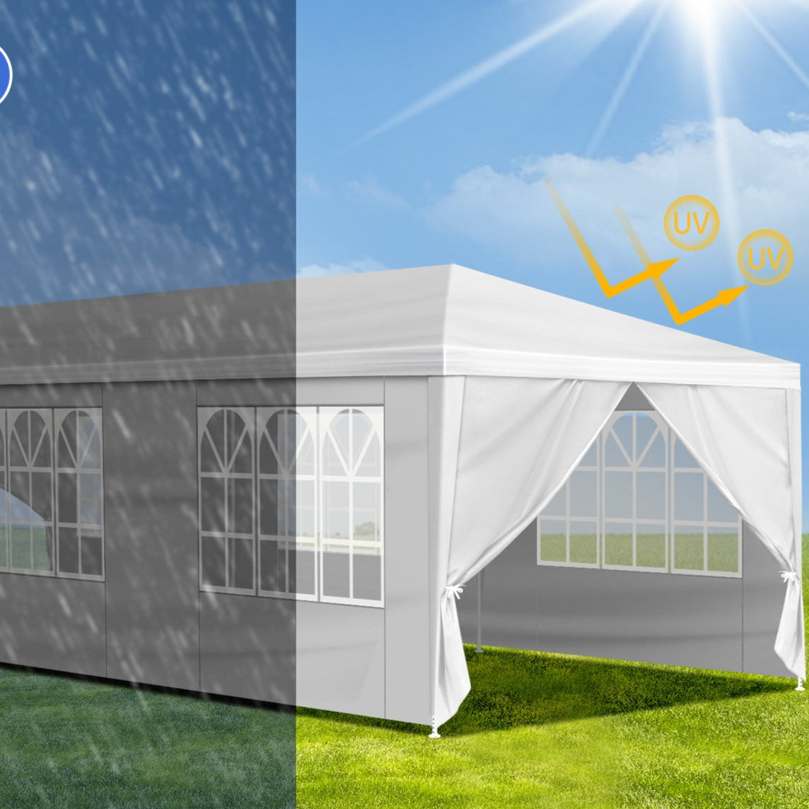 Outdoor canopy tent showing waterproof, strong stability, and rust-resistant frame features.
