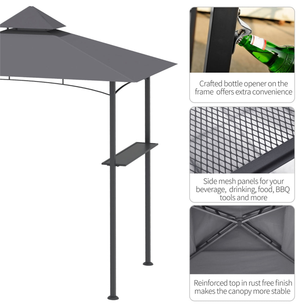 Outdoor canopy with bottle opener feature on a white background