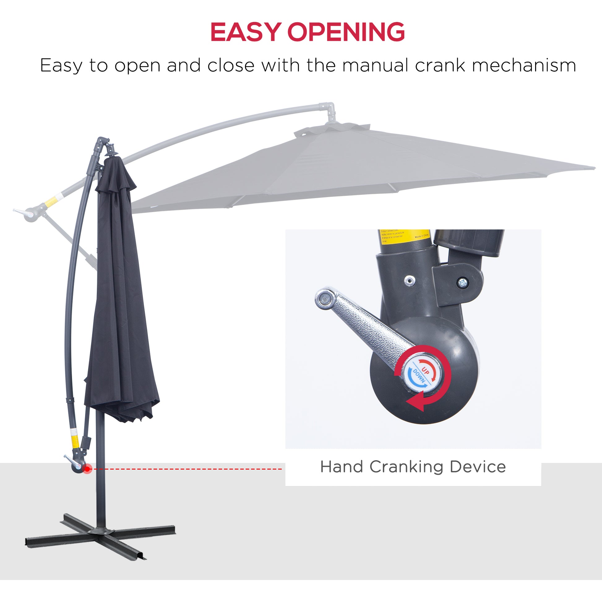 Outdoor umbrella with manual crank mechanism on a grey background