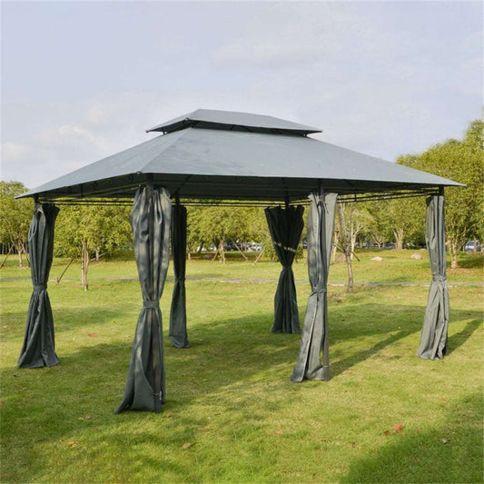 Outdoor gazebo with curtains on a grassy area with trees in the background