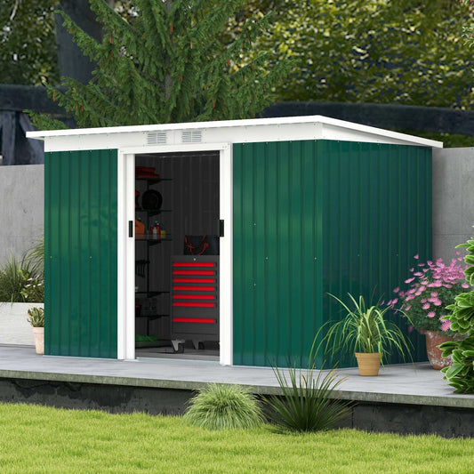 Outdoor metal shed with air vents and solid doors