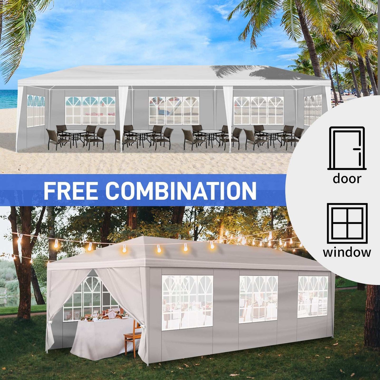 Outdoor party tent with free combination door and window options, set up with tables and chairs.