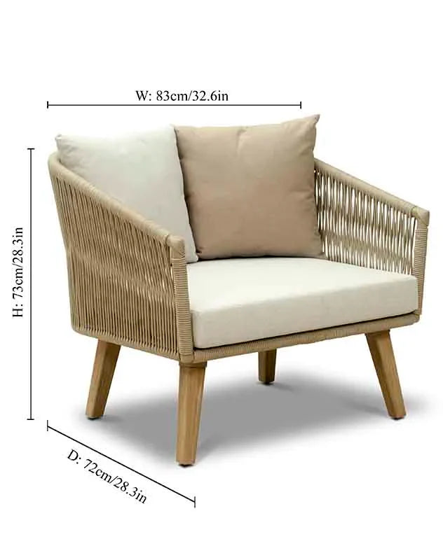 Wicker armchair with cushions and dimensions. Part of the outdoor garden patio set