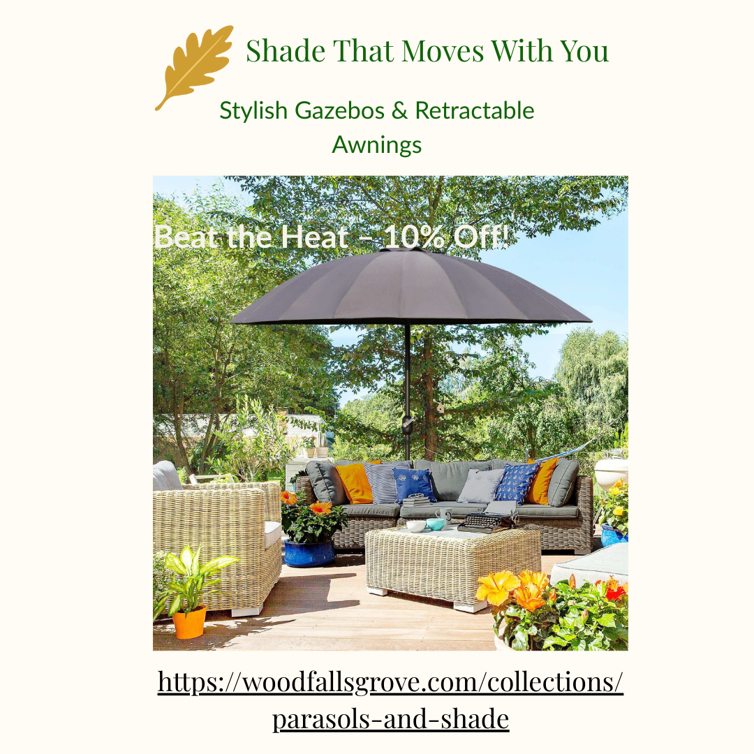 Outdoor patio with a large umbrella, furniture, and decorative elements on a sunny day.