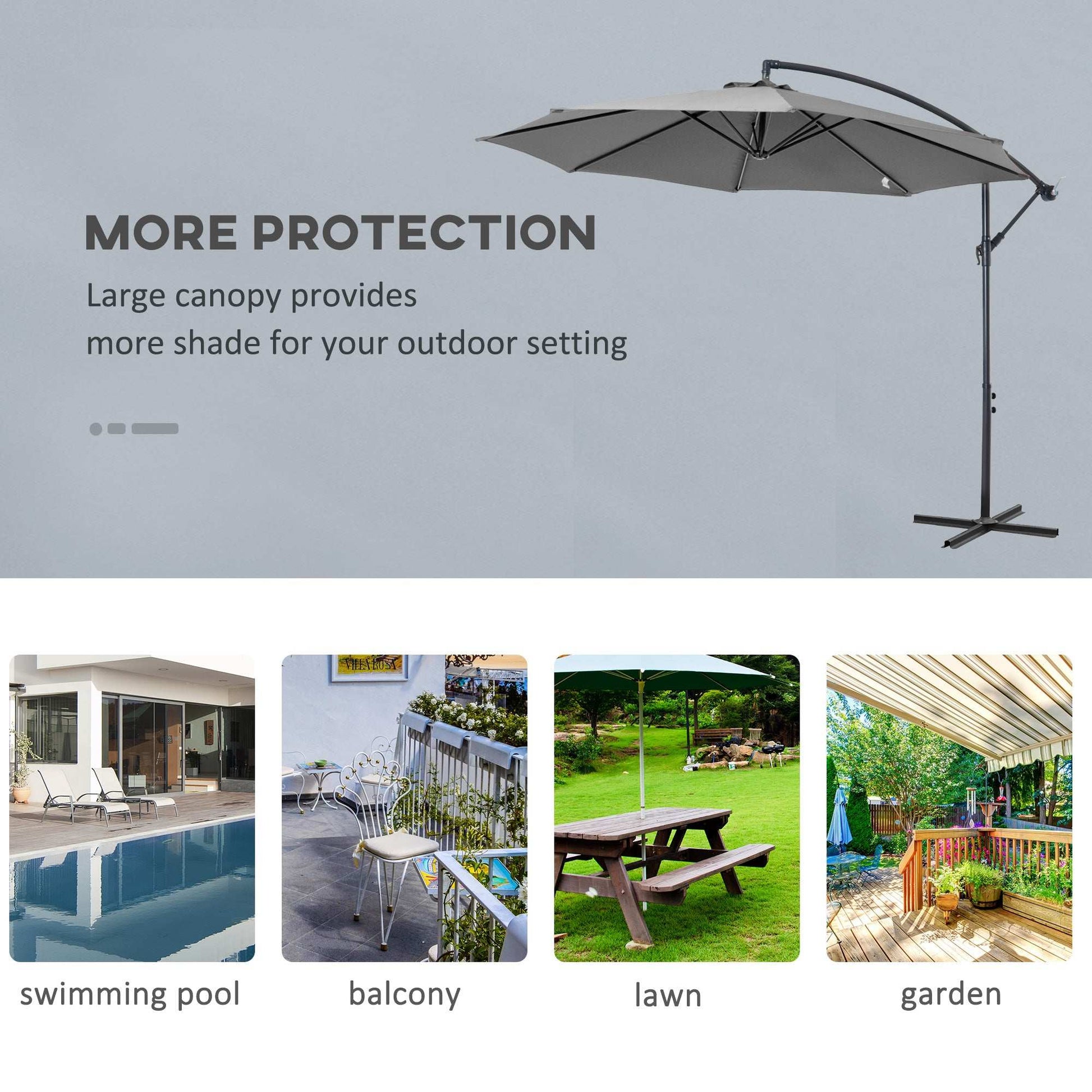 Outdoor umbrella with text about protection and uses in various settings.