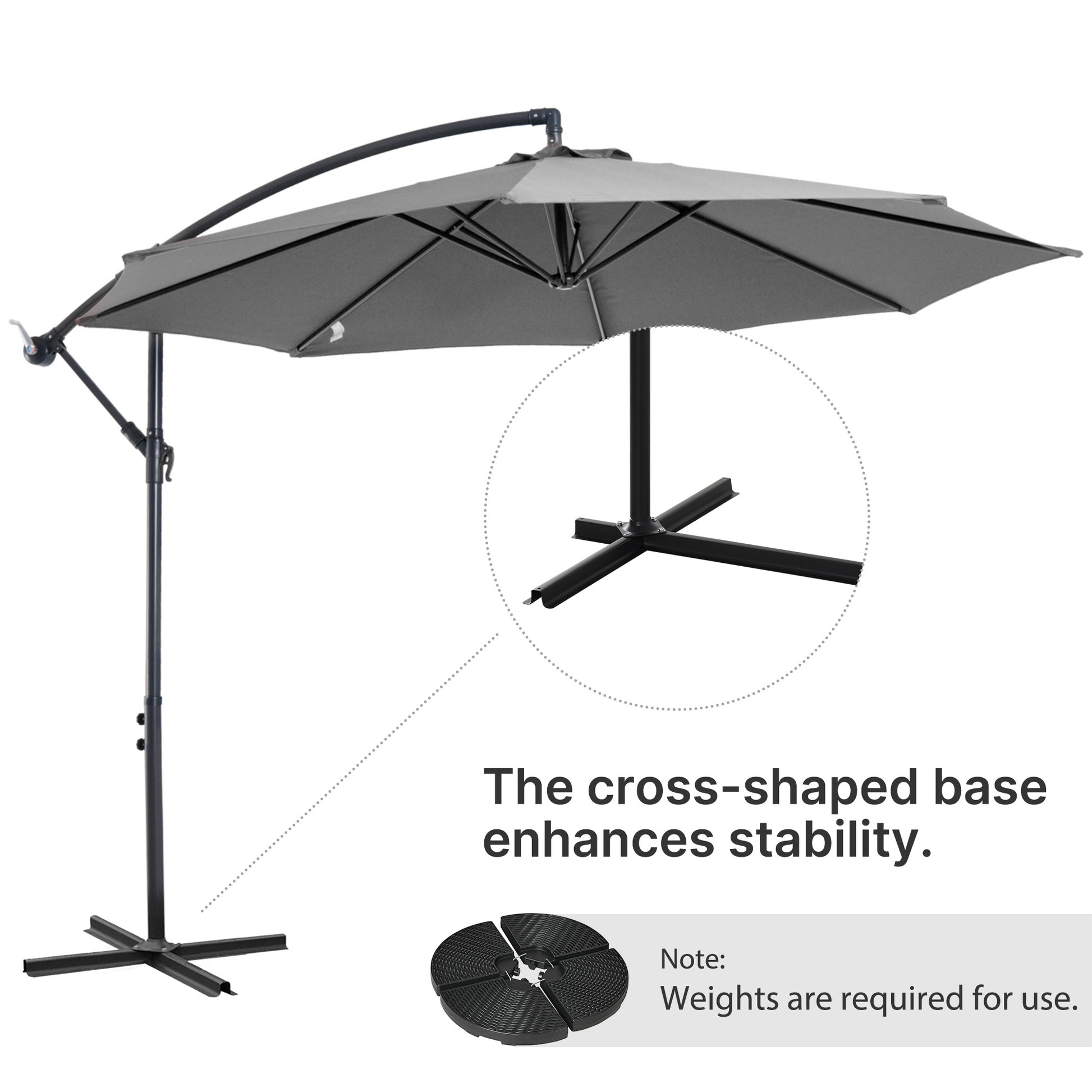 Gray outdoor umbrella with cross-shaped base on a white background