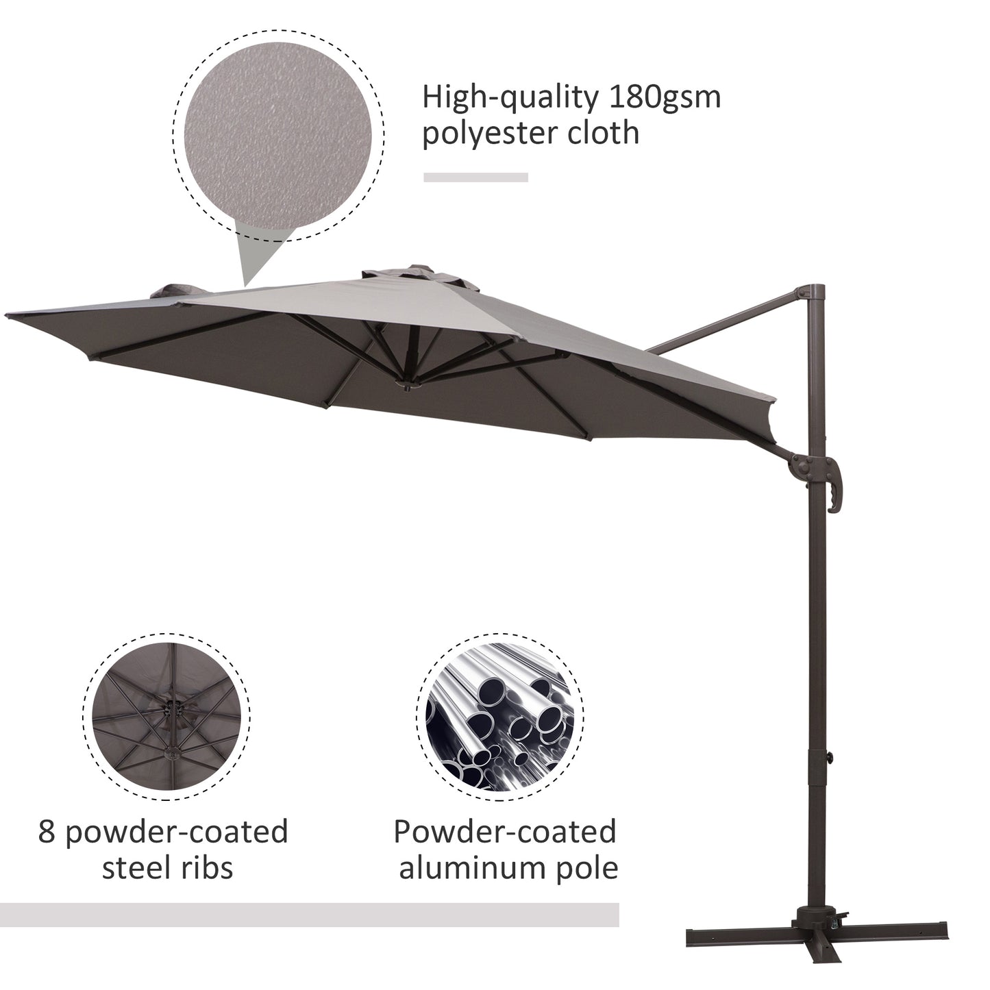 Outdoor umbrella with highlighted features on a white background