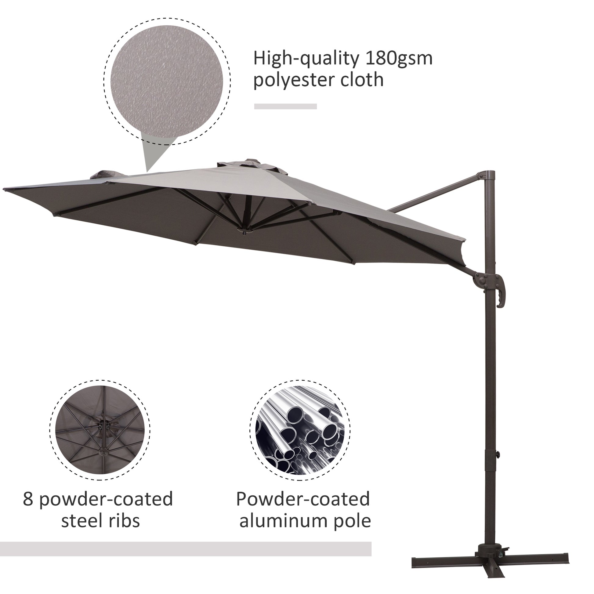 Outdoor umbrella with highlighted features on a white background