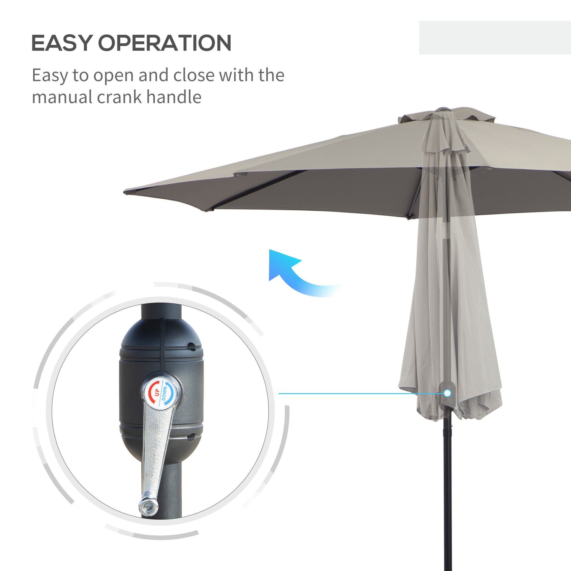 Outdoor umbrella with manual crank handle for easy operation on a white background