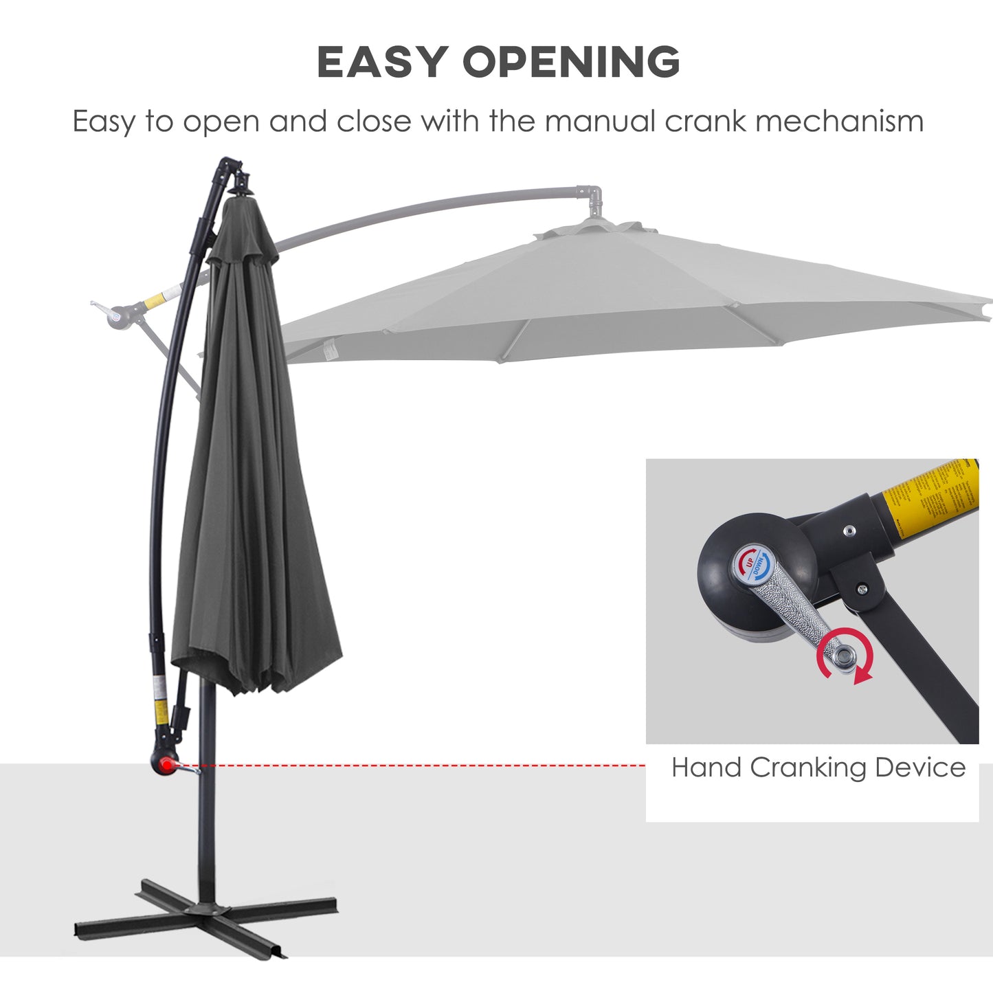 Outdoor umbrella with manual crank mechanism on a white background