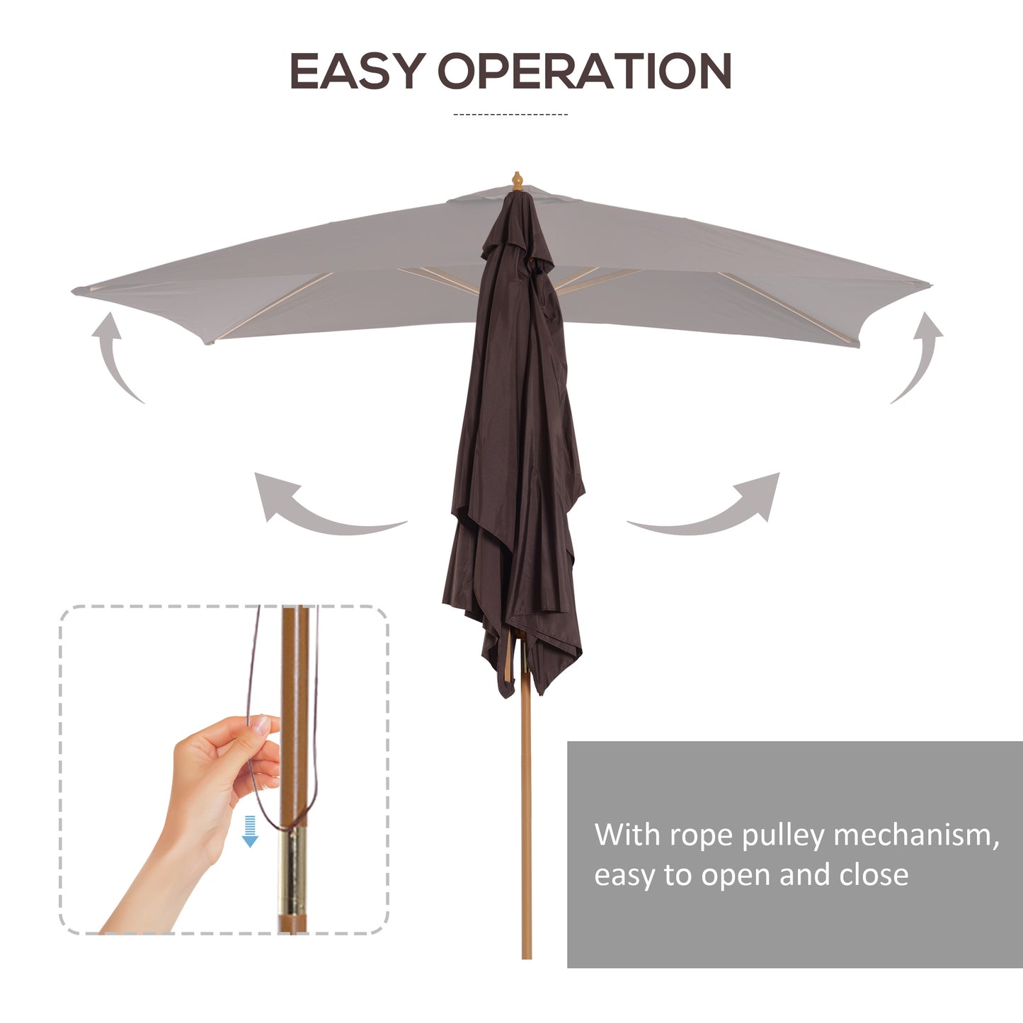 Outdoor umbrella with rope pulley mechanism for easy operation on a white background