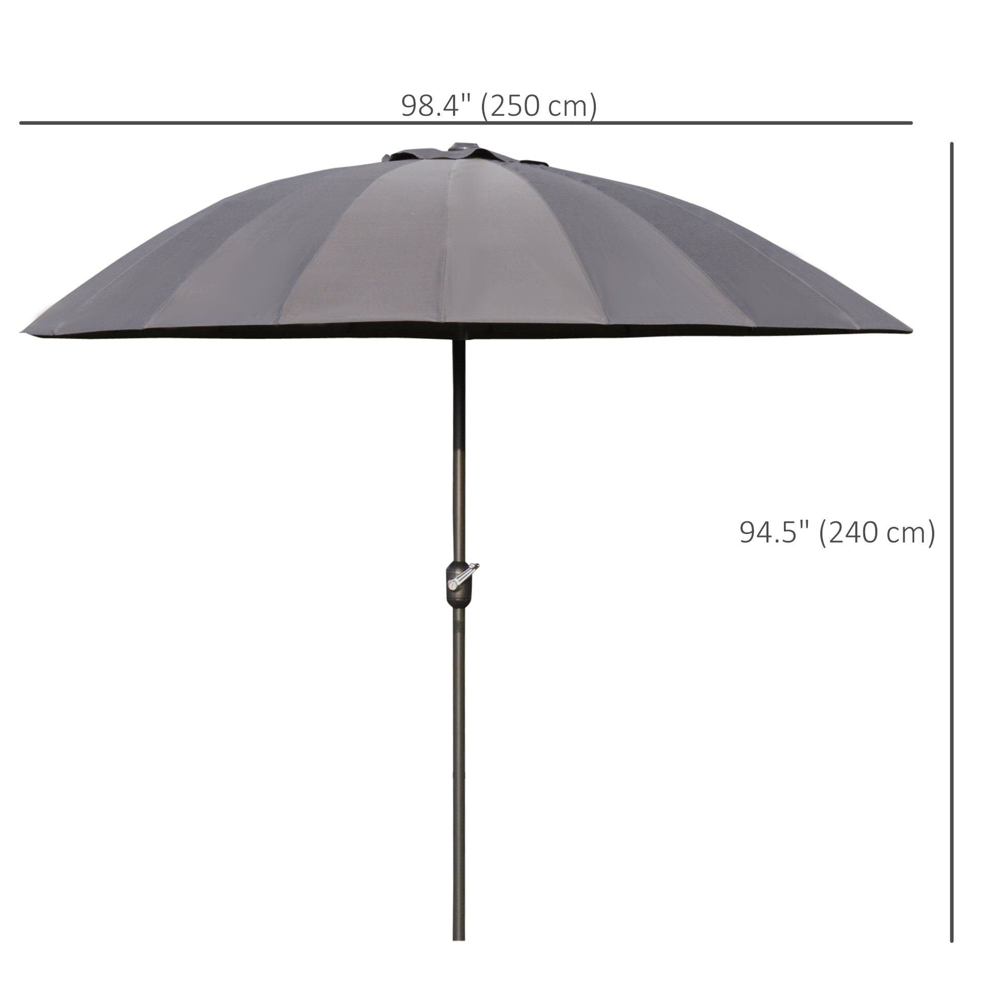 Grey patio umbrella with measurements on a white background