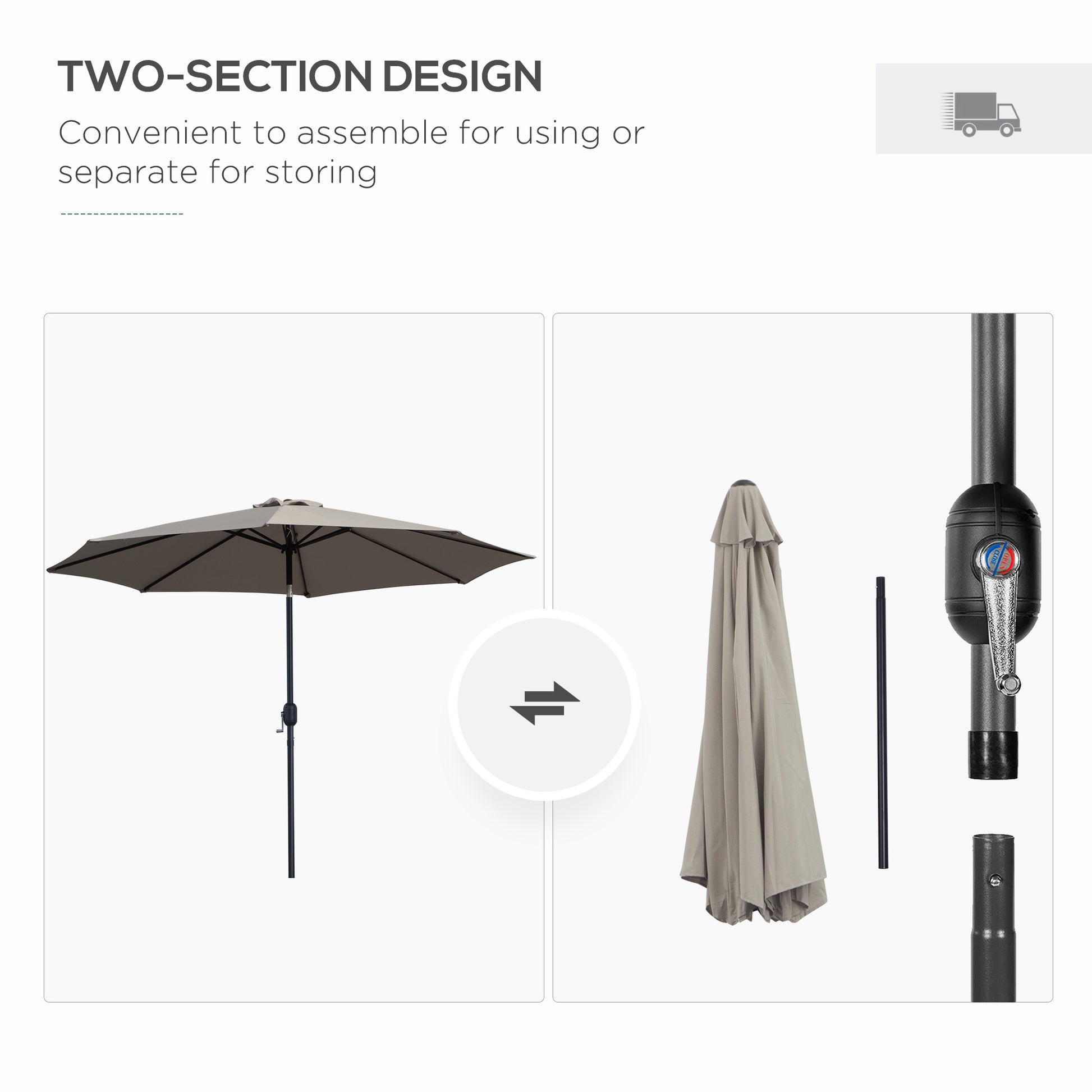 Patio umbrella with two-section design, showing open and folded states, on a white background.