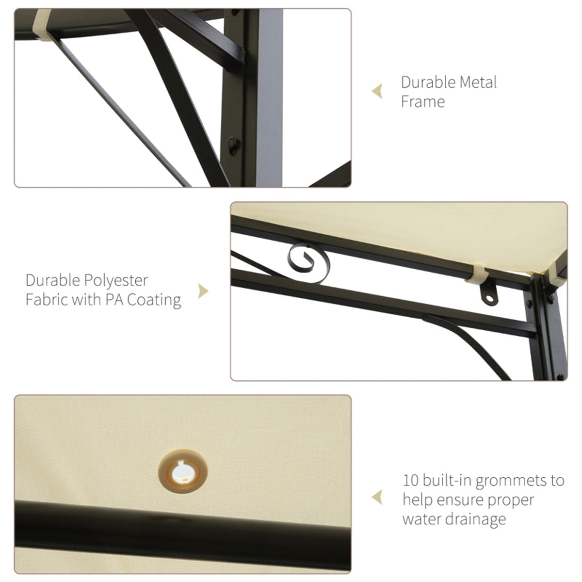 Product features including durable metal frame, polyester fabric with PA coating, and built-in grommets.