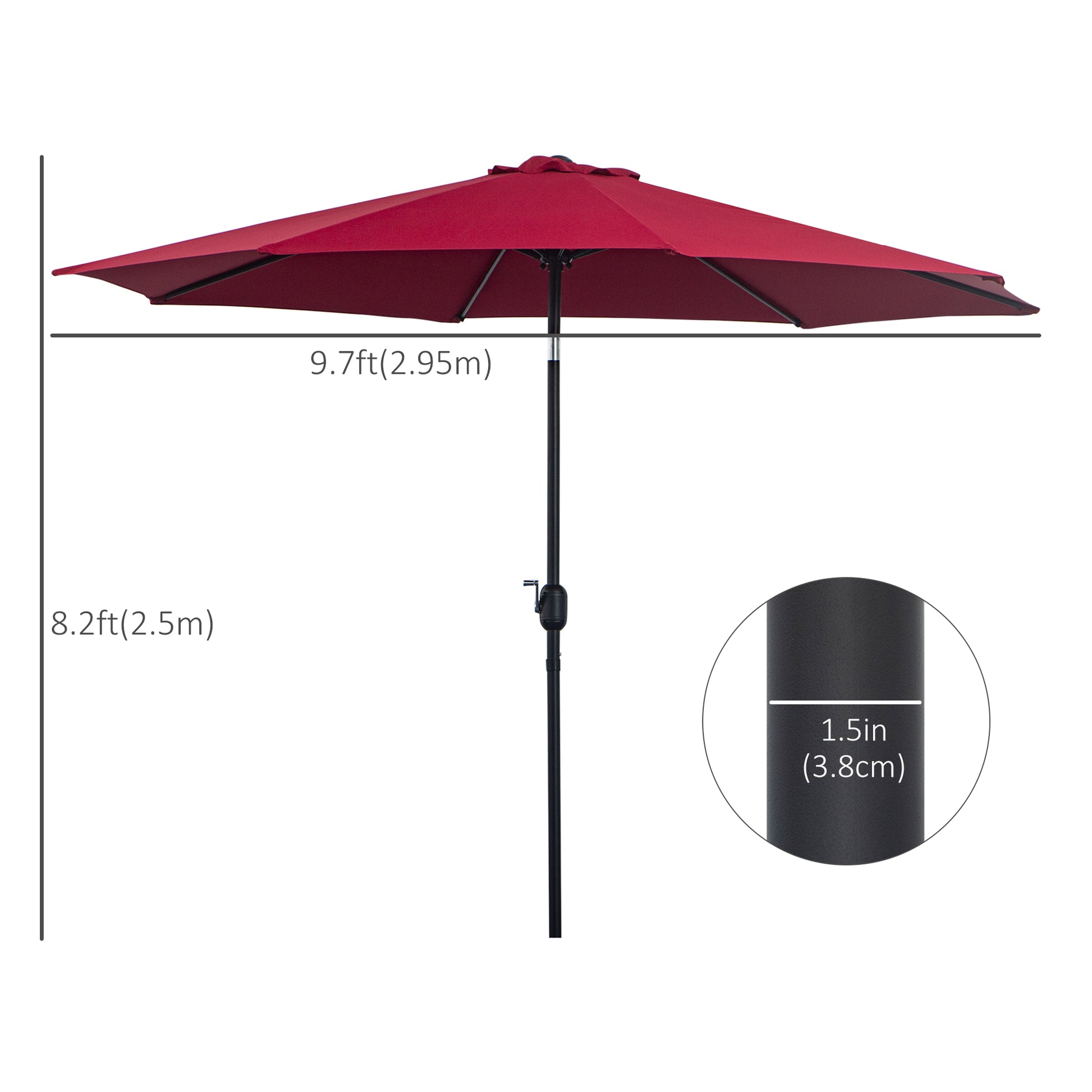 Red patio umbrella with measurements on a white background