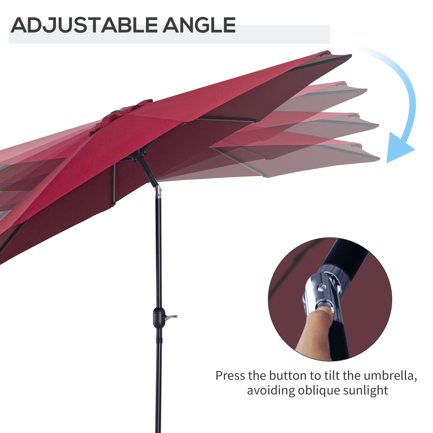 Red patio umbrella with adjustable angle feature on a white background