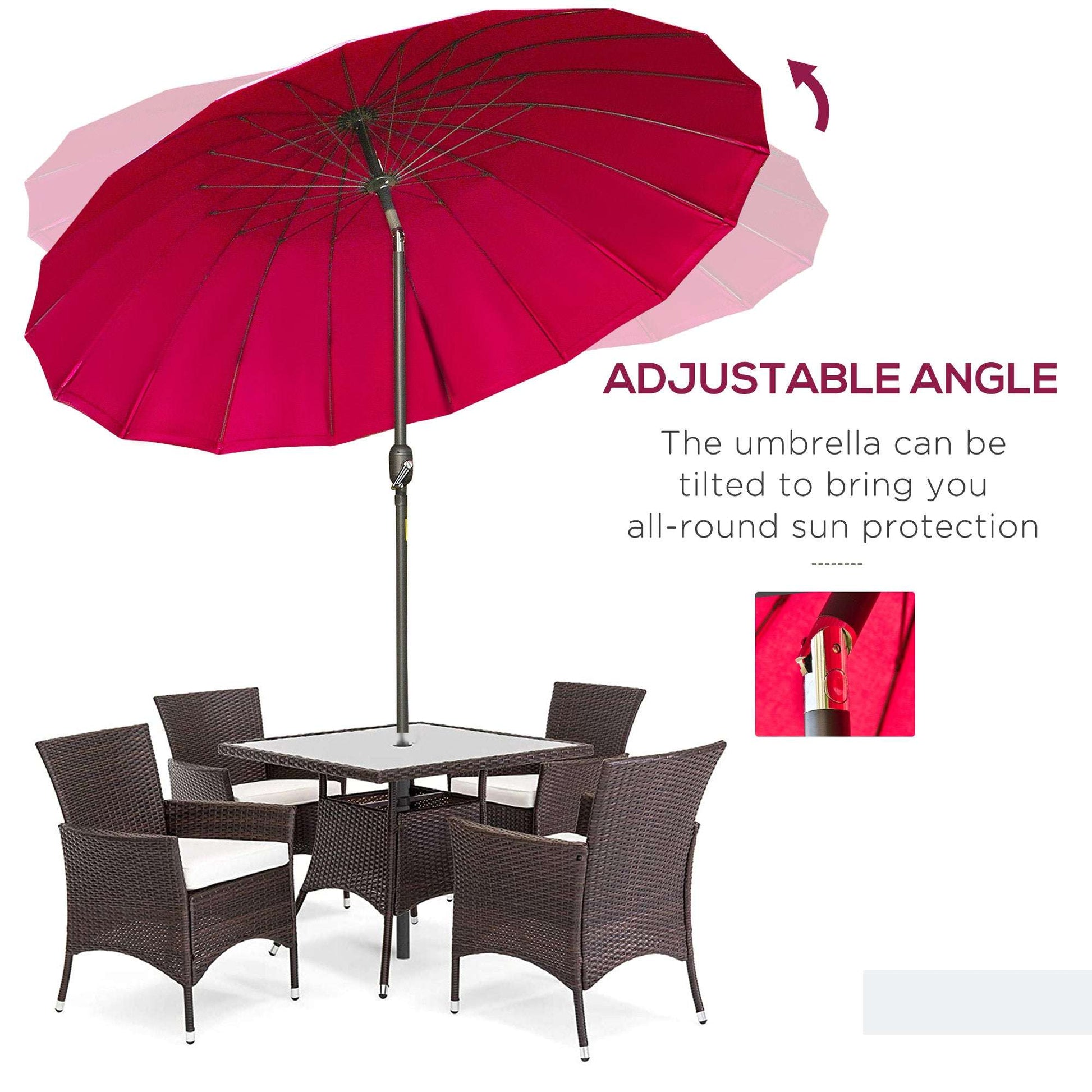 Red patio umbrella with adjustable angle feature over a dining set on a white background