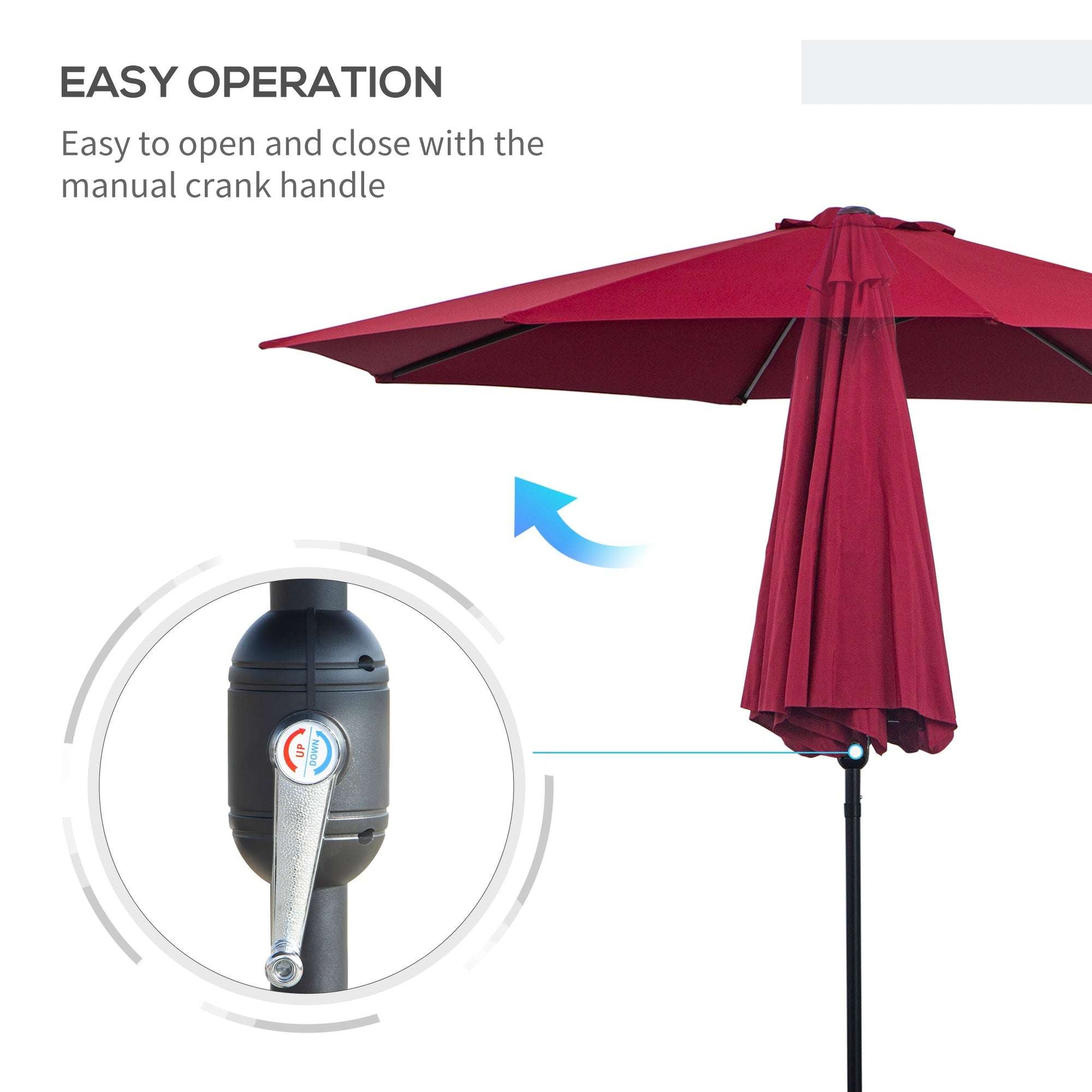 Red patio umbrella with manual crank handle on a white background