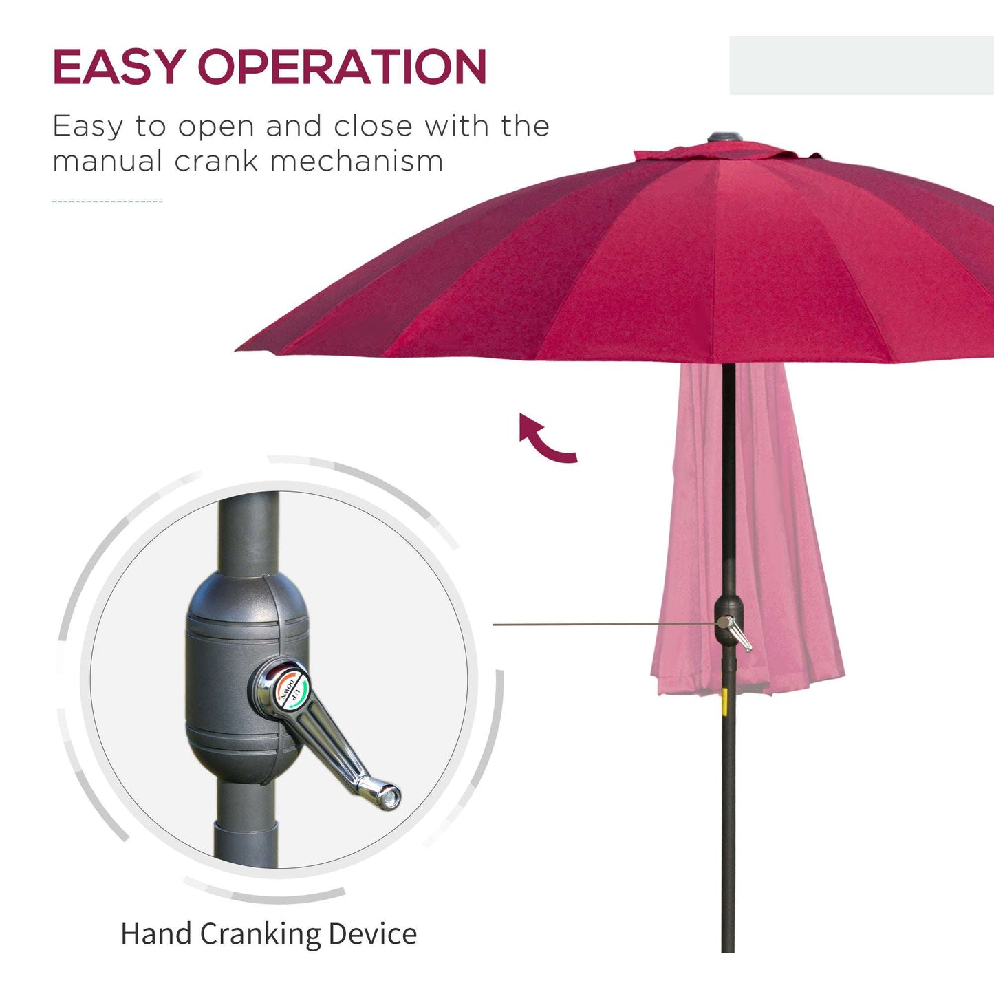 Red patio umbrella with manual crank mechanism on a white background