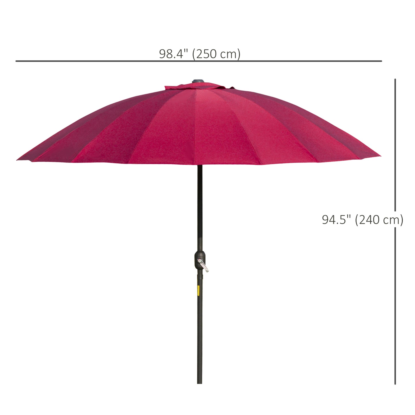 Red patio umbrella with measurements on a white background
