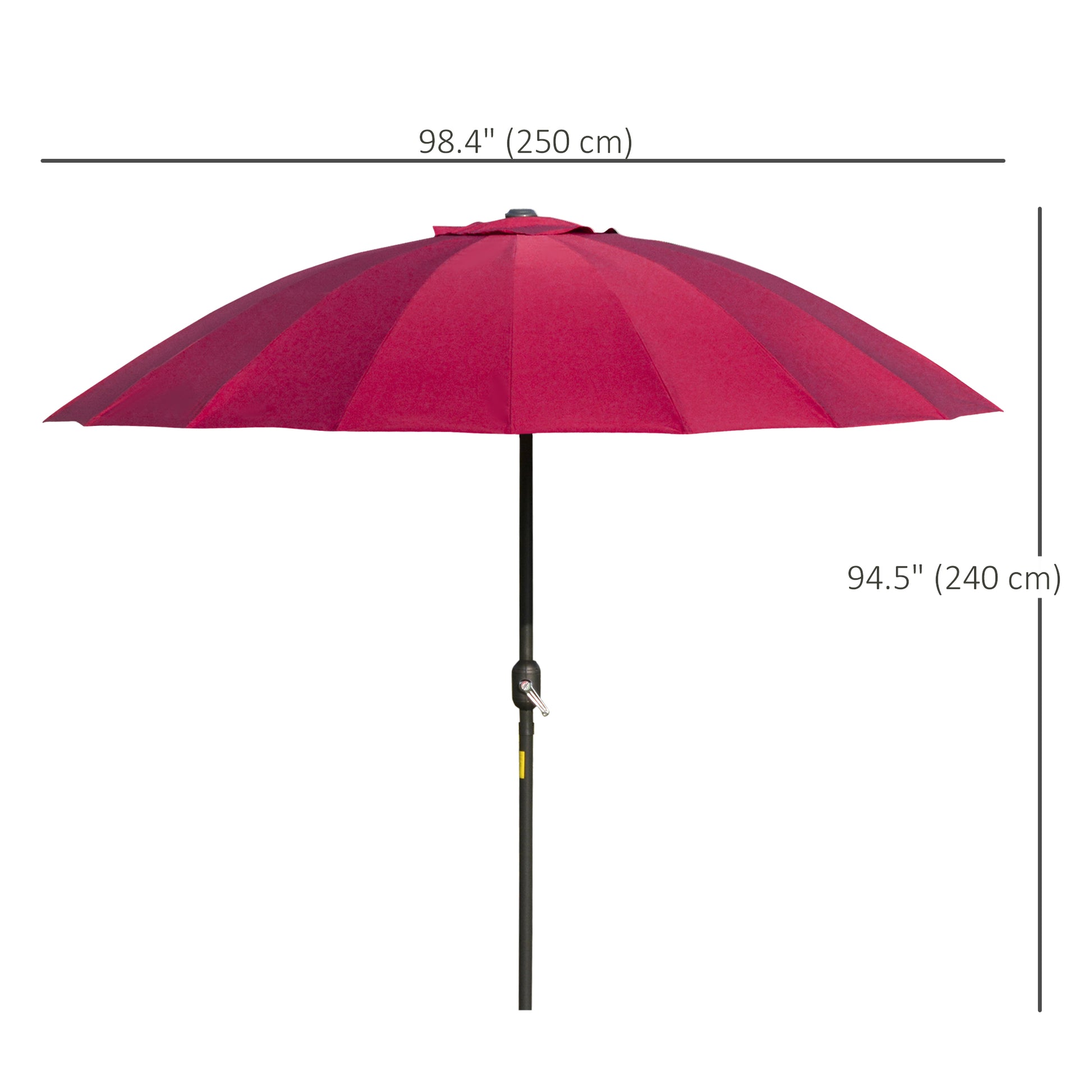 Red patio umbrella with measurements on a white background