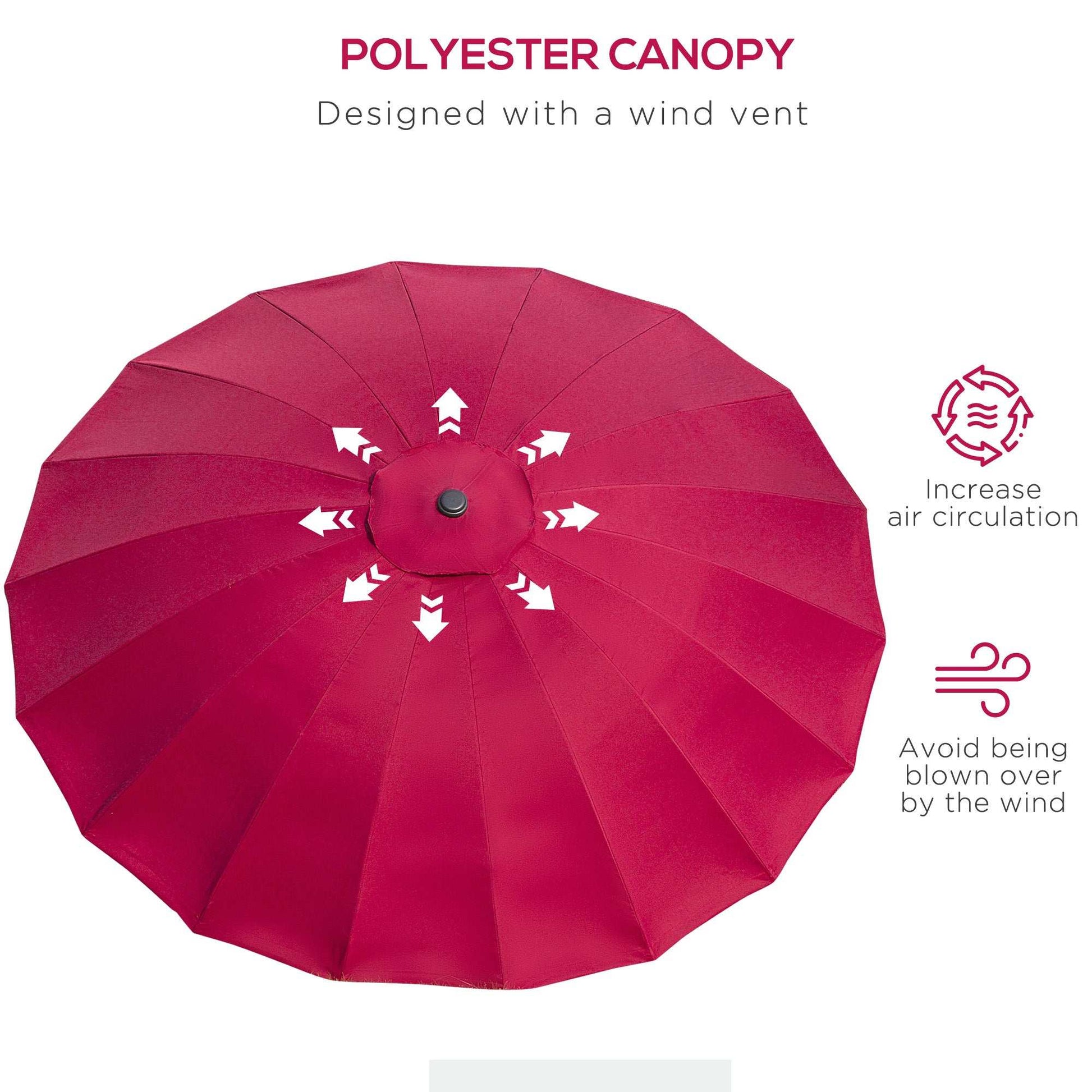 Red patio umbrella with wind vent design on a white background