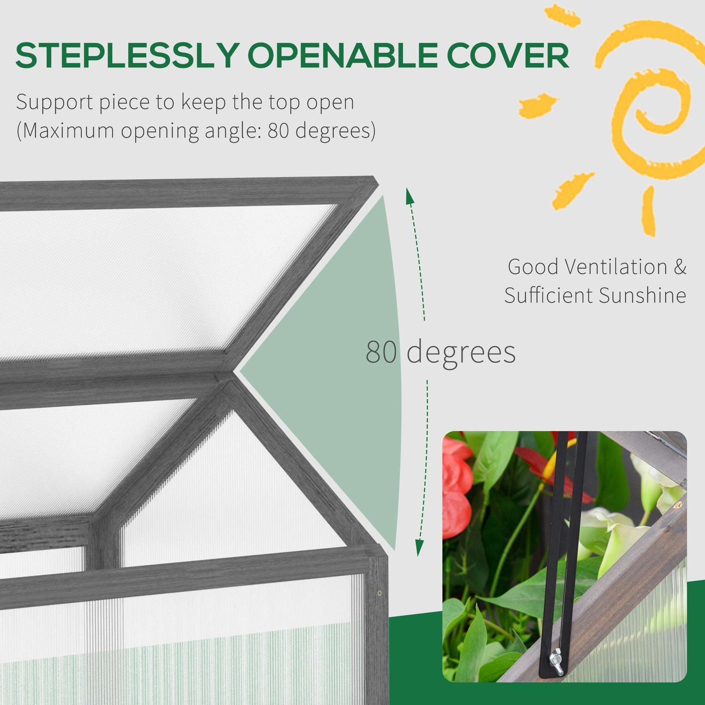 Steplessly openable cover with text and graphics on a white background