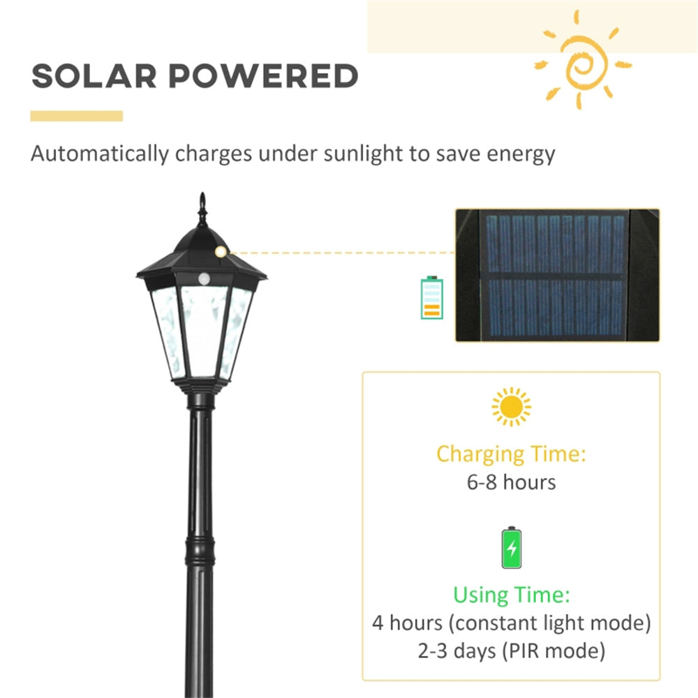 Solar-powered street lamp with charging and usage time information on a white background