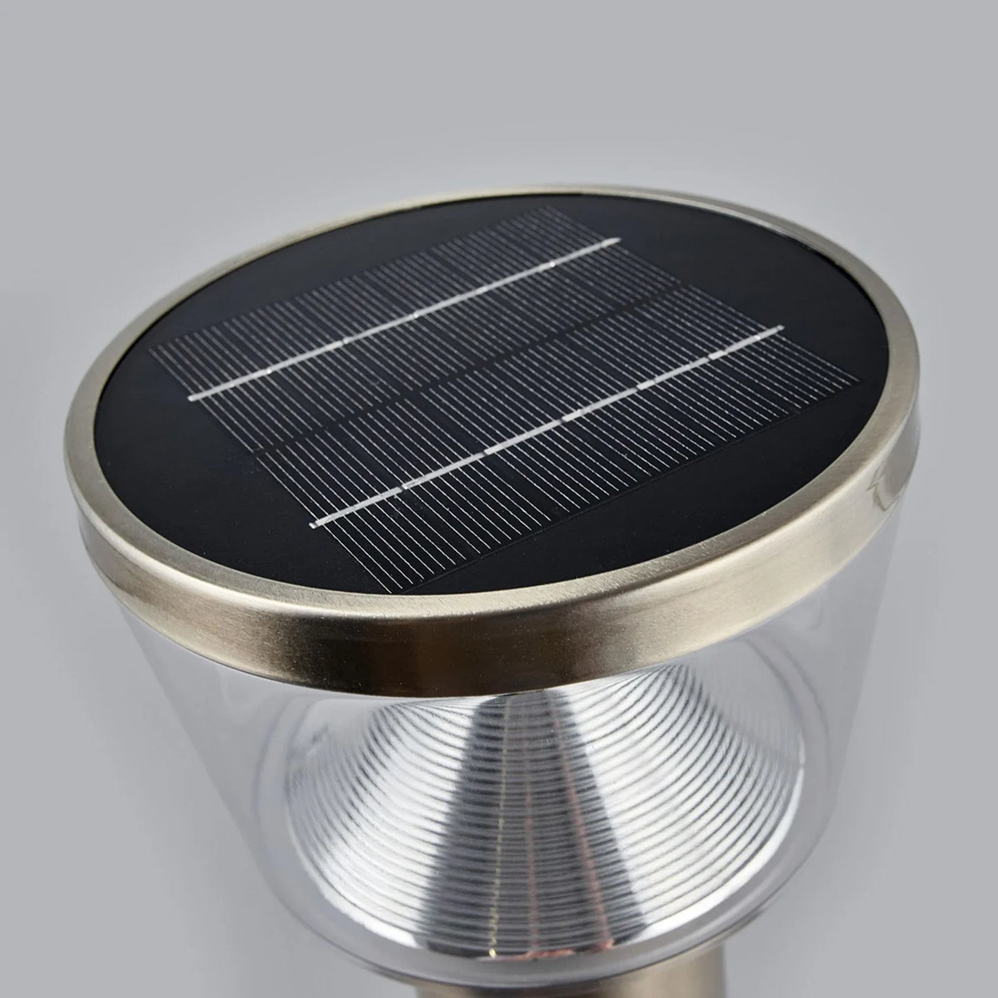 Top-down view of solar light panel on garden lamp