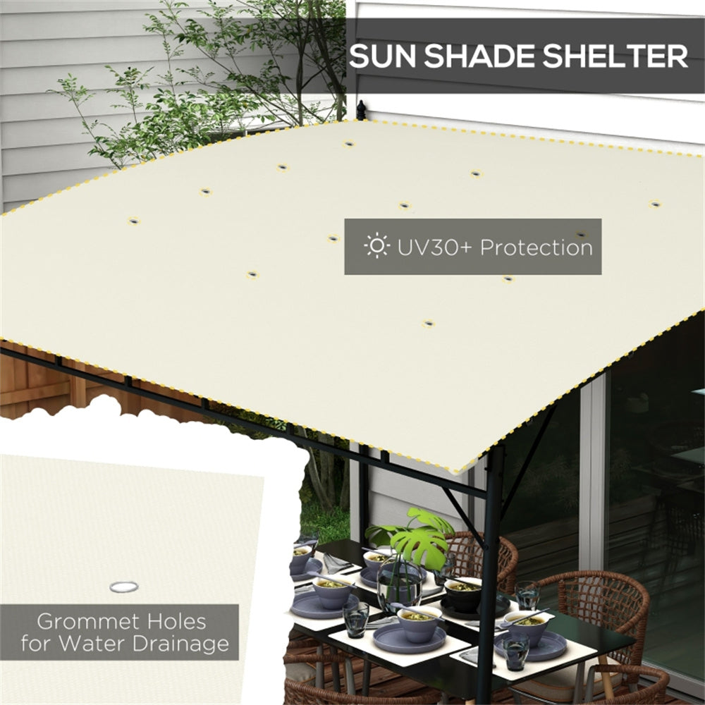 Sun shade shelter with dining table underneath, featuring UV30+ protection and grommet holes for water drainage.