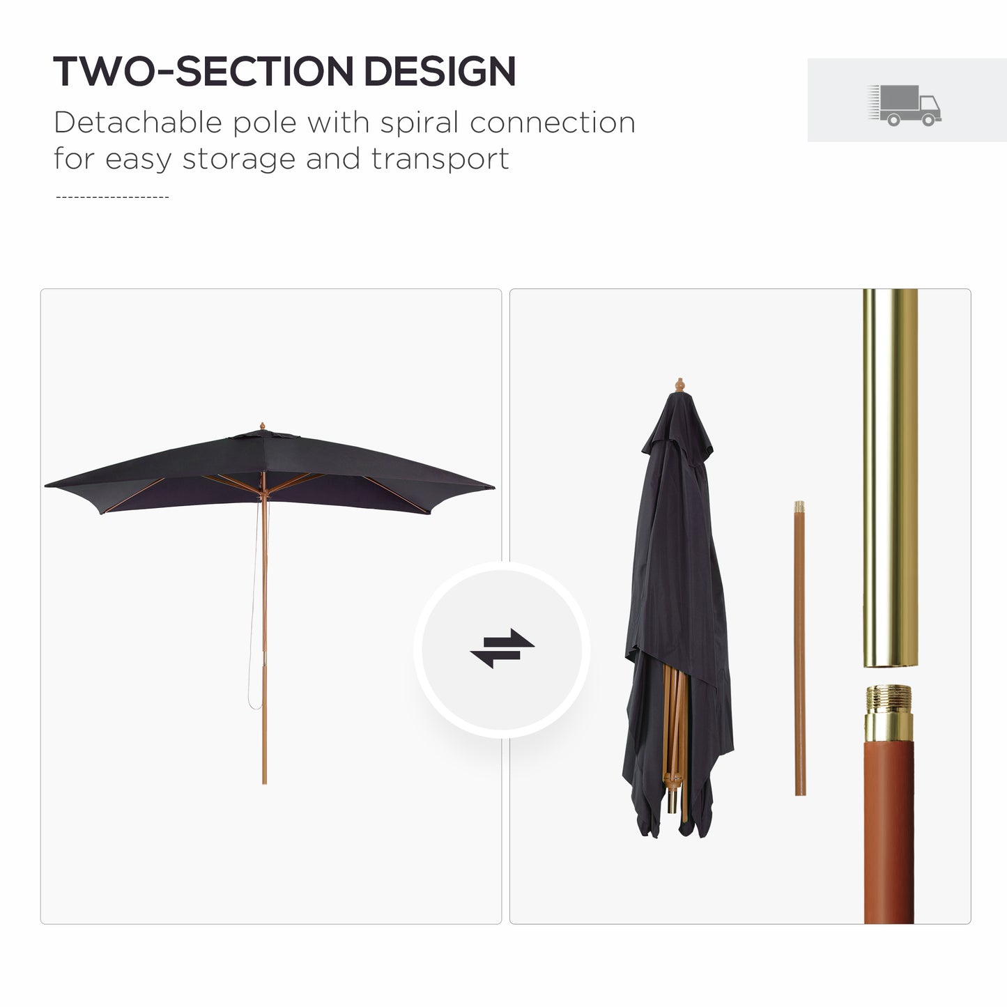 Two-section design umbrella with detachable pole on a white background