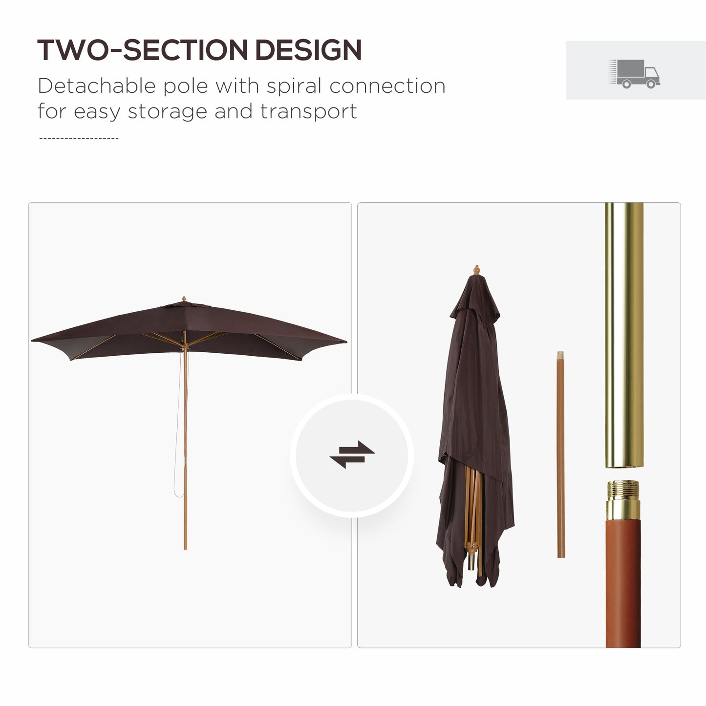 Two-section design umbrella with detachable pole and spiral connection for storage and transport.