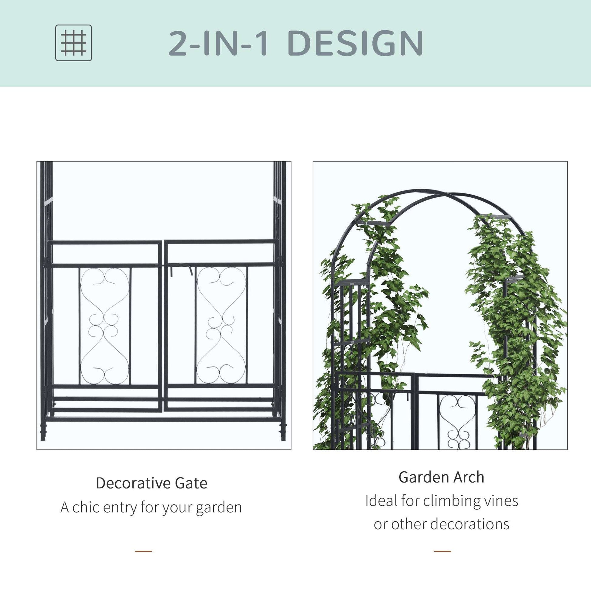 Two garden structures labeled 'Decorative Gate' and 'Garden Arch' with text indicating a 2-in-1 design.