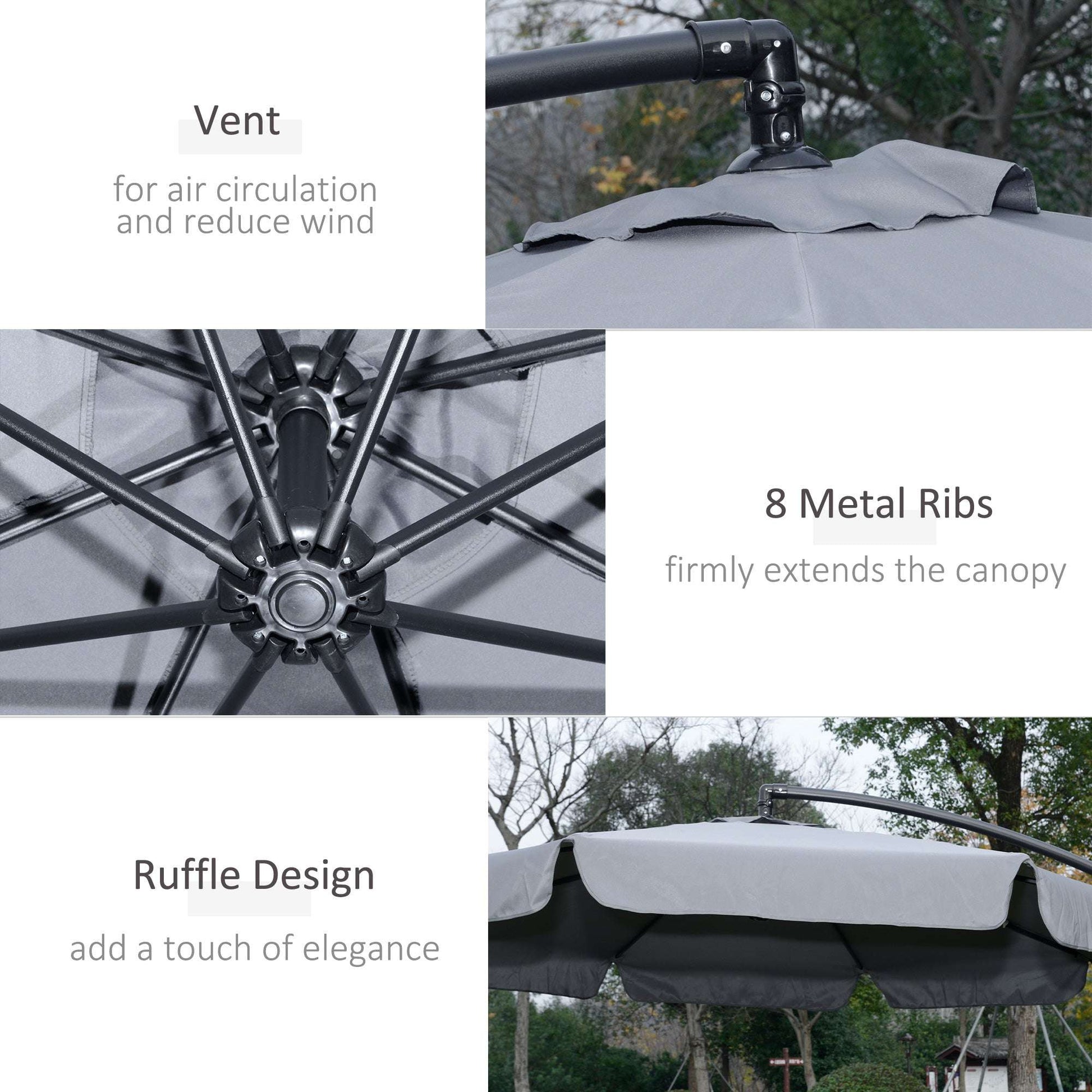 Umbrella with features highlighted: vent, metal ribs, and ruffle design.