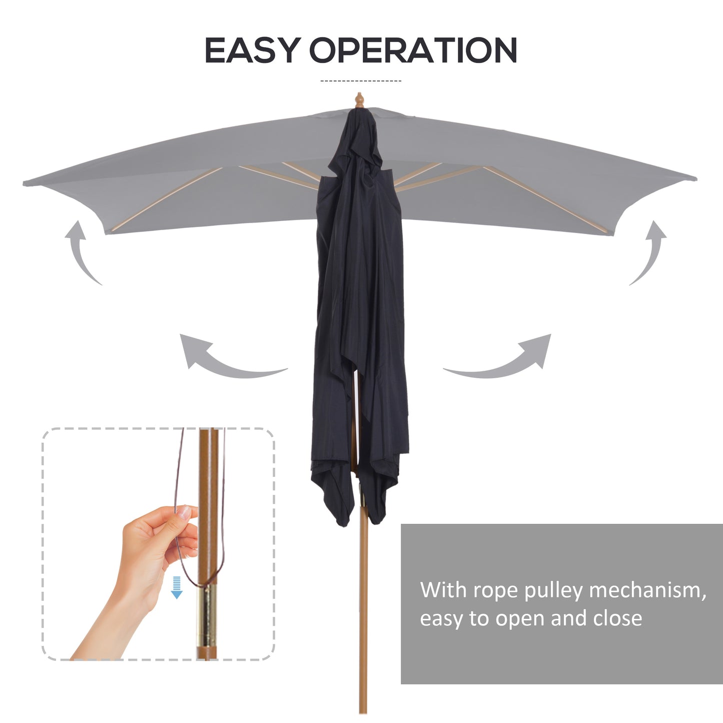 Umbrella with rope pulley mechanism for easy operation on a white background