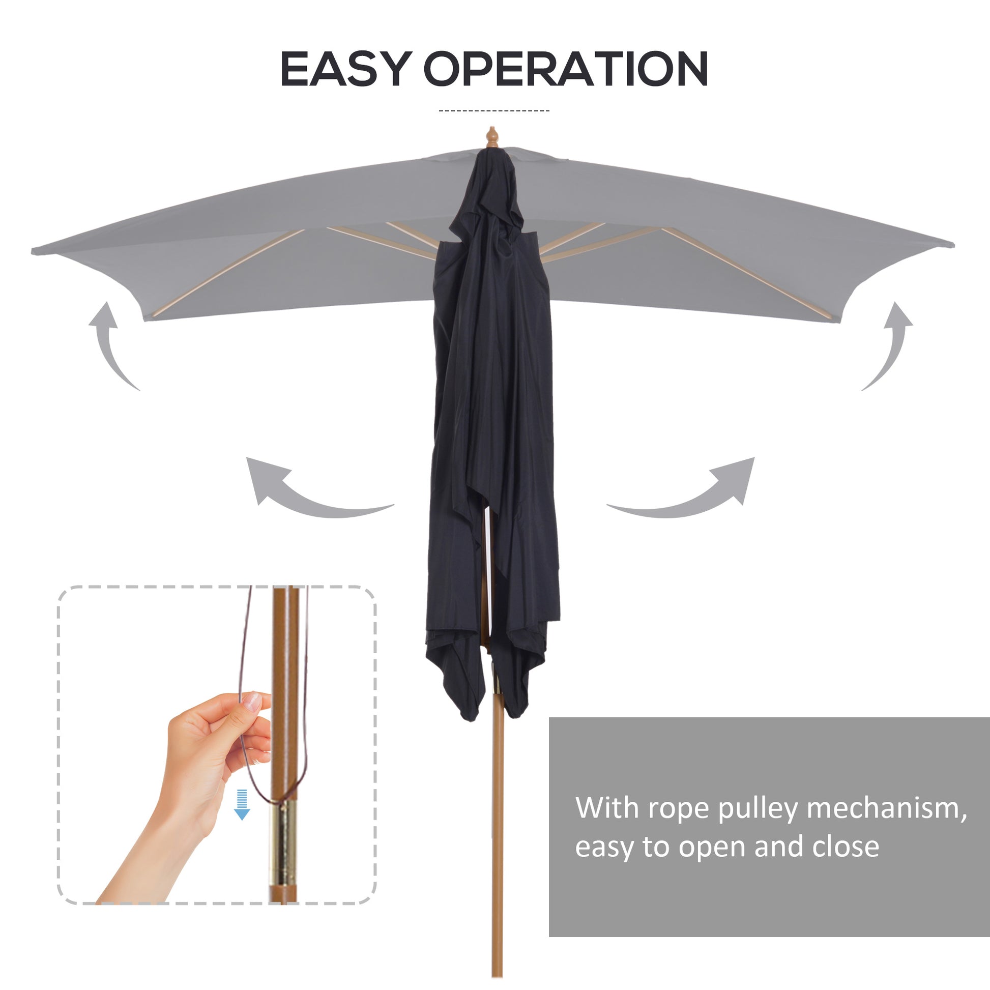 Umbrella with rope pulley mechanism for easy operation on a white background