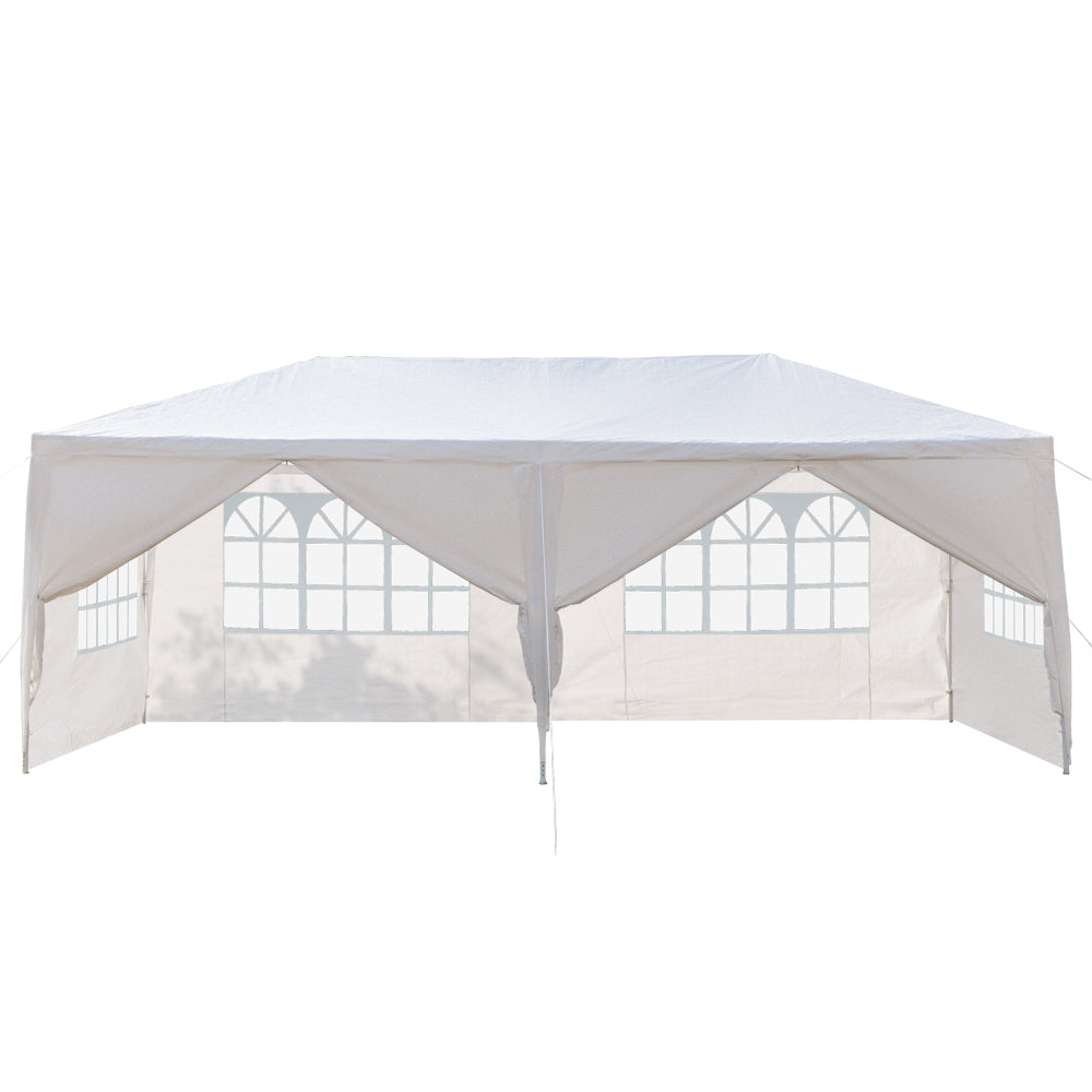 White outdoor canopy tent with side panels on a white background