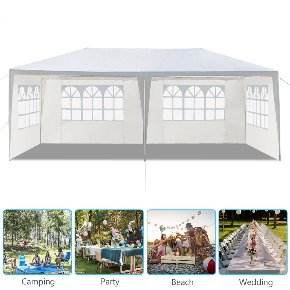 White outdoor canopy tent with side panels, shown with various usage scenarios at the bottom.
