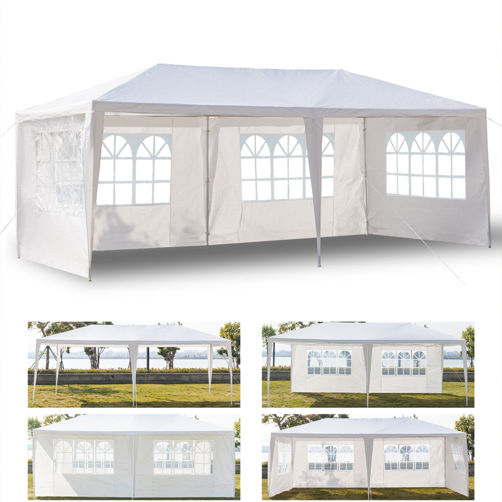 White outdoor canopy tent with side walls on a white background