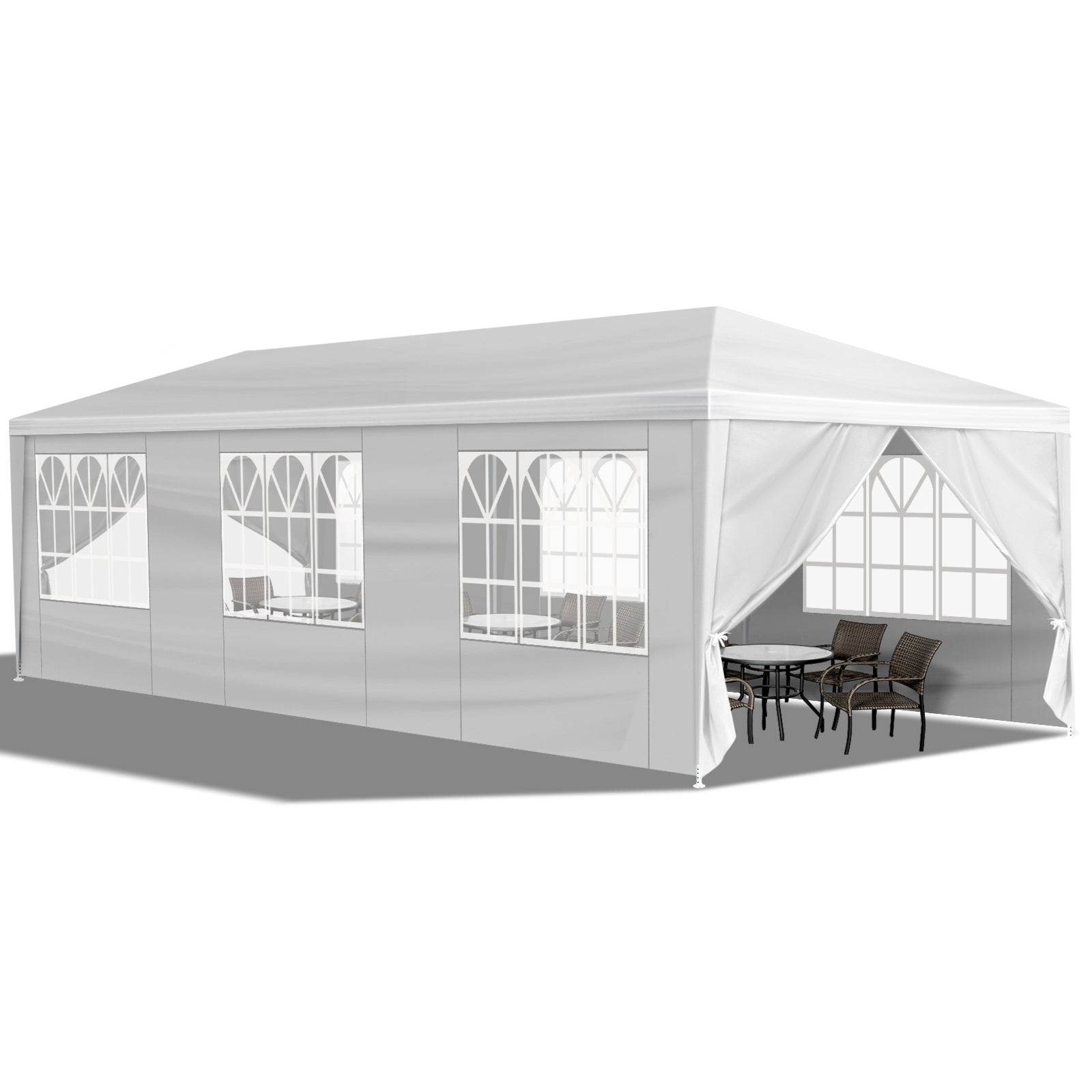 White outdoor canopy tent with curtains, table, and chairs inside on a white background